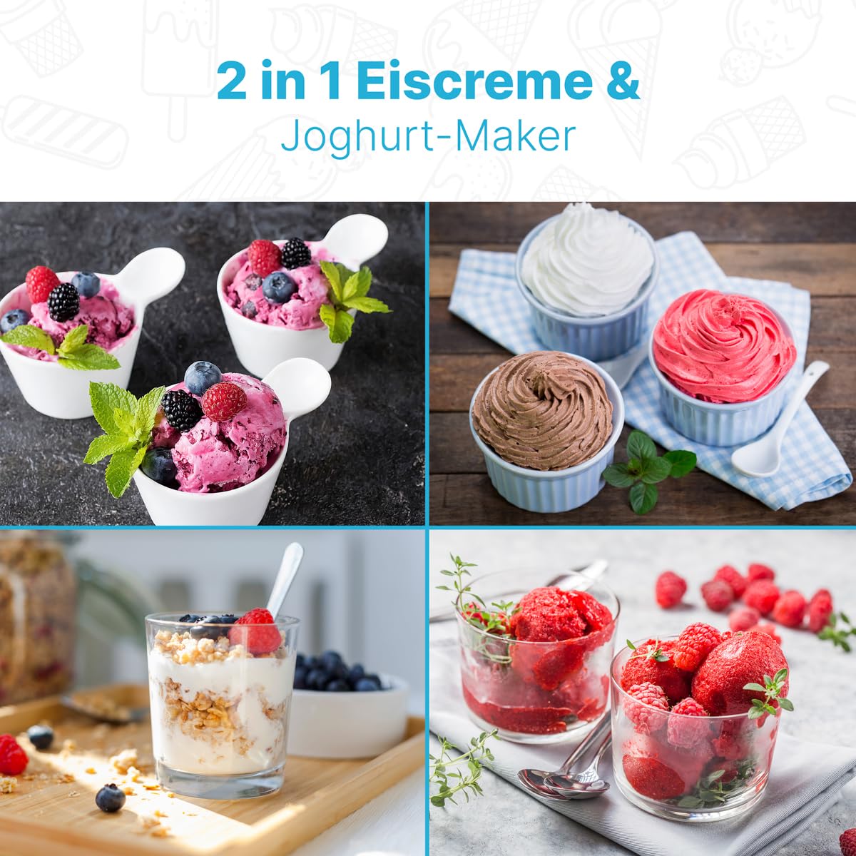 Clatronic® Eismaschine und Joghurtbereiter | Eis in 20 min. | für bis zu 1000ml | Eismaschine mit Kompressor | für Eis & Frozen Joghurt | Inkl. Rezeptvorschläge, Spachtel und Messbecher | ICM 3799