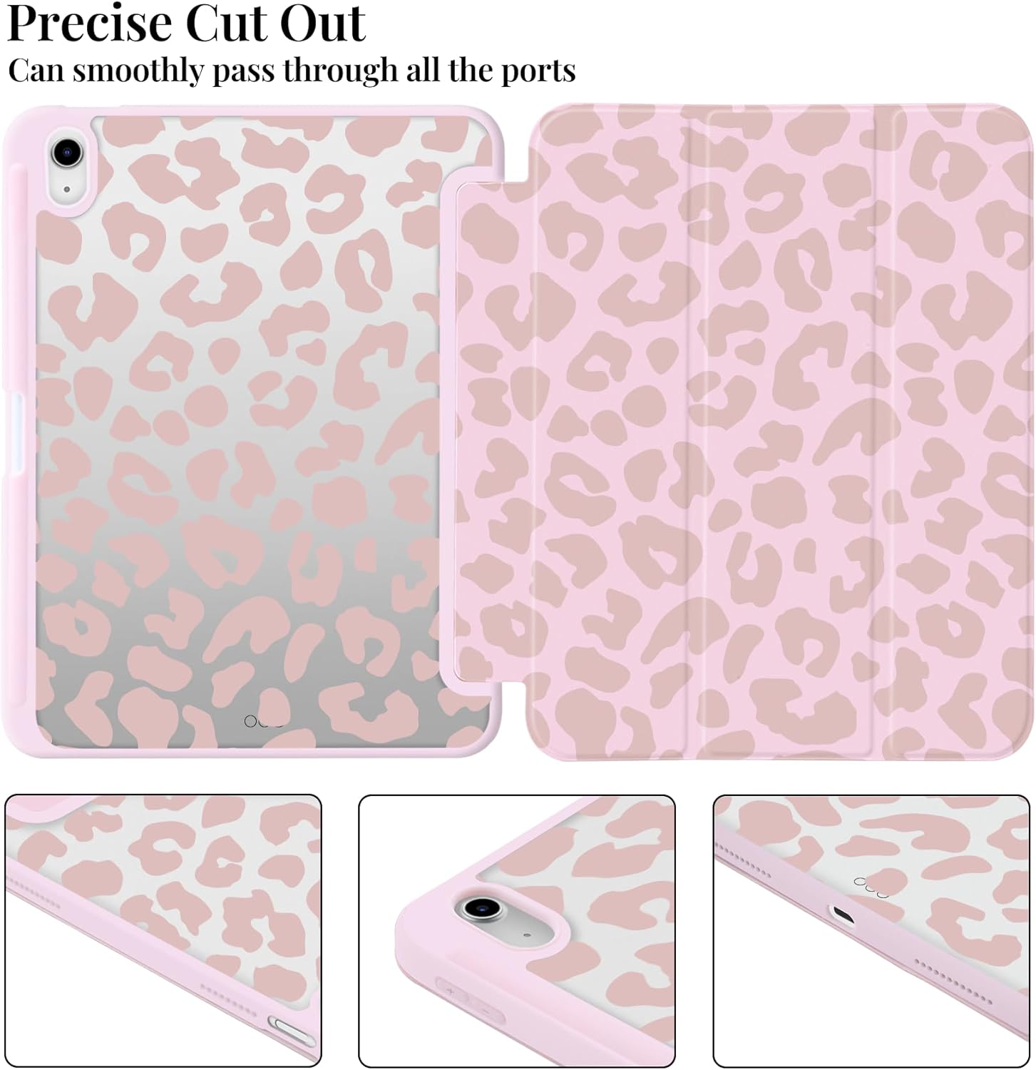 Cute Case for 12.9" iPad Pro 6th/5th/4th/3rd Gen (2022/2021/2020/2018) Dusty Pink Leopard Print Clear Hard Back Hybrid Case,with Pencil Holder Trifold Stand Slim Cover for Women