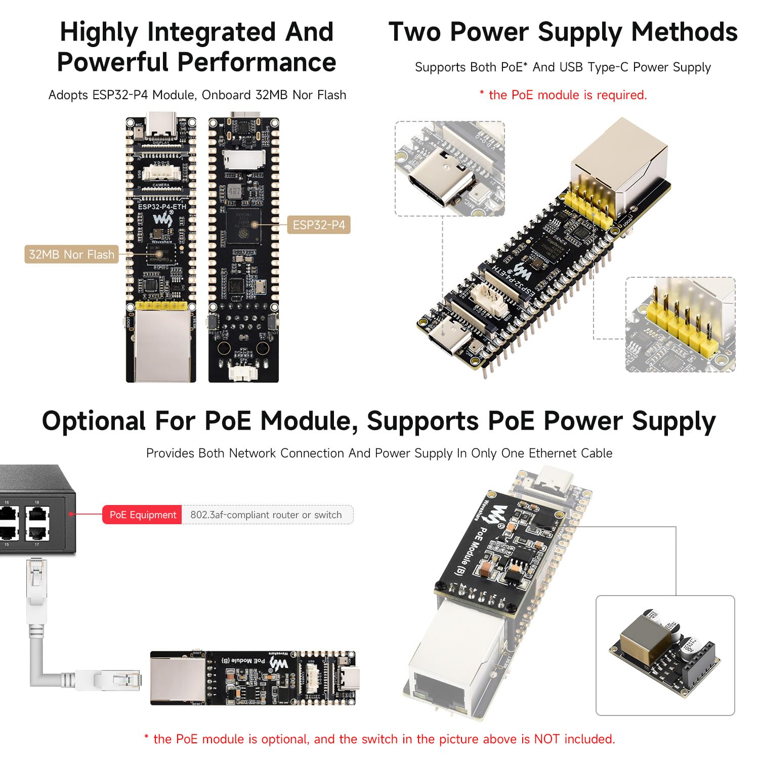 Waveshare ESP32-P4-ETH High-Performance Development Board, Based On ESP32-P4, with 100 Mbps RJ45 Ethernet Port, with Pre-Solder Pin Headers, Bundle with a PoE Module, 3 Items