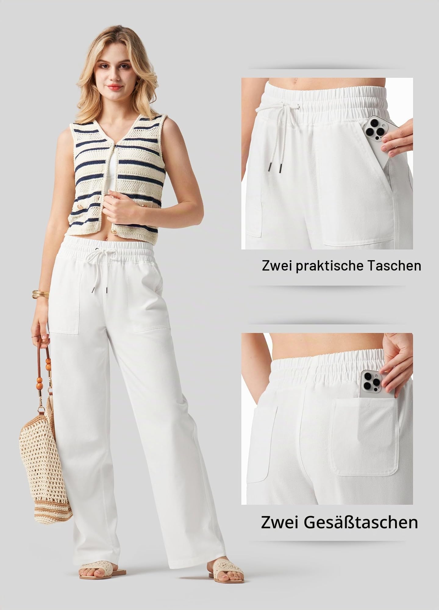 WILLIT Hose Damen Leinenhose Baumwolle Sommerhose Leinen Stoffhose Einfarbig Jogginghose Weites Bein Palazzo Hose Freizeithose Casual Strandhose mit Taschen