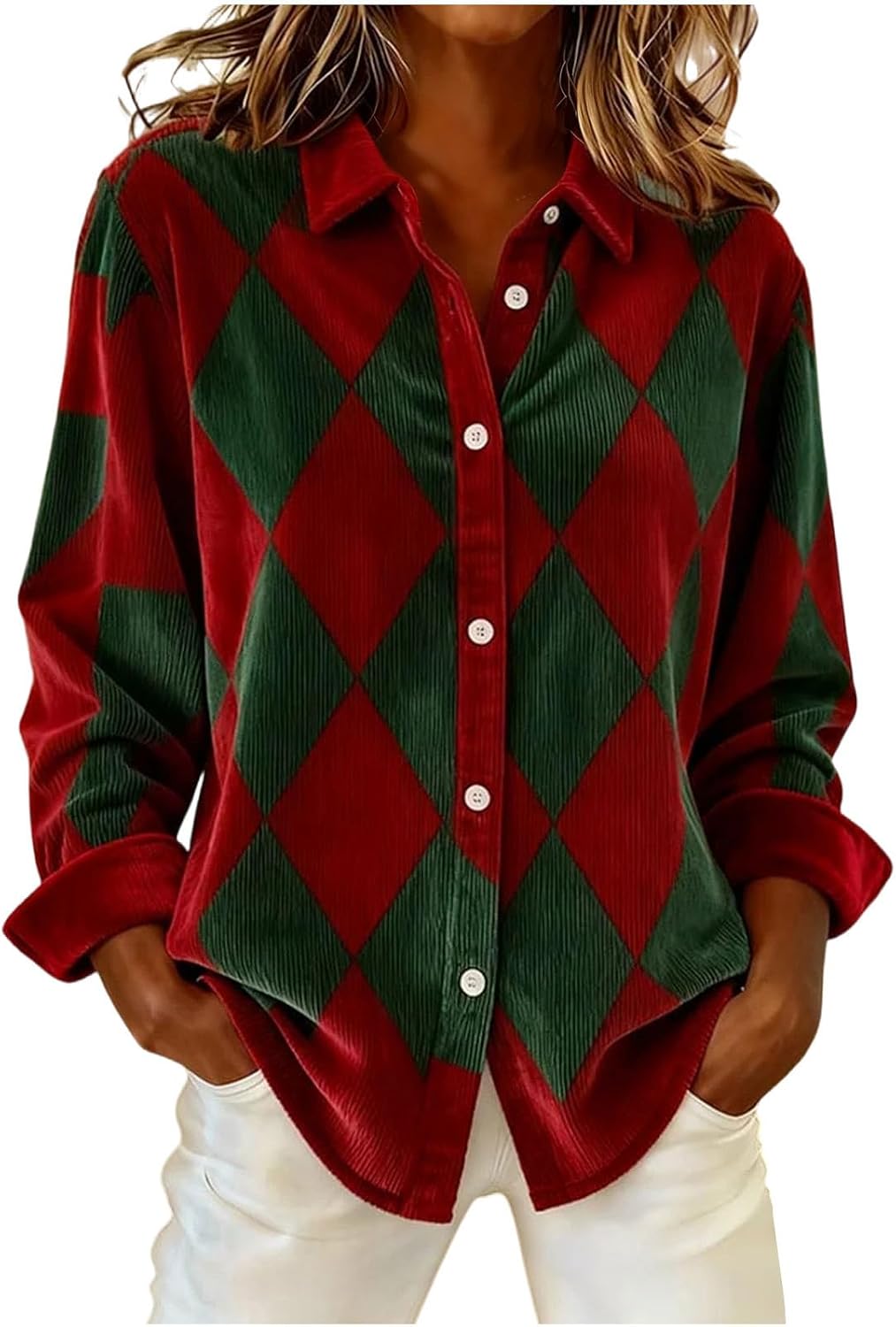 Women Corduroy Shirts Jackets Vintage Plaid Print Long Sleeves Button Down Lapel Loose Comfy Outerwear Blouse Tops