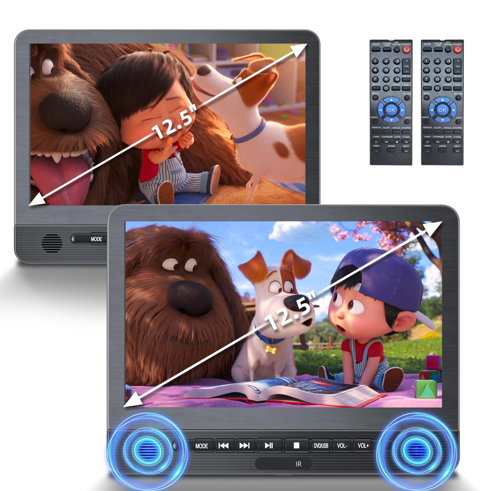 DESOBRY 12,5 '' lettore DVD per auto 2 schermo con batteria ricaricabile da 5 ore, due schermo auto, Poggiatesta per Auto Bambini TV Ultima memoria USB AV In/Out 12V