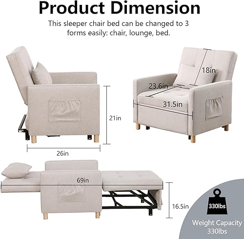 Miniatura 2 de Silla de cama convertible, sofá cama extraíble con respaldo ajustable, tela de lino, silla convertible con bolsillo lateral para sala de estar,