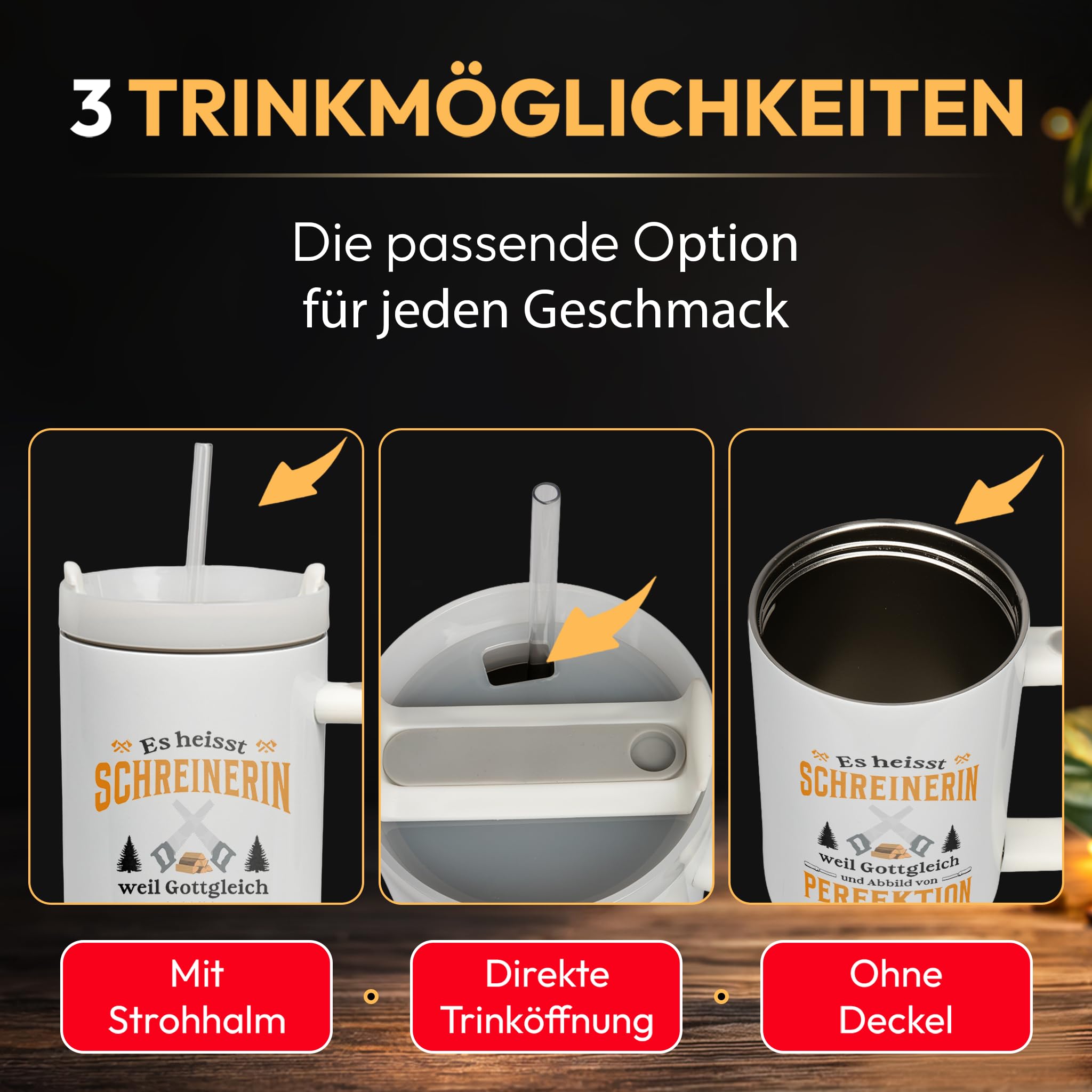 XXL Thermobecher für Schreinerinnen – Geschenk zum Geburtstag & Abschied – Edelstahl Trinkflasche, Weiß mit Schreinerin Spruch (WIEDERVERWENDBAR)