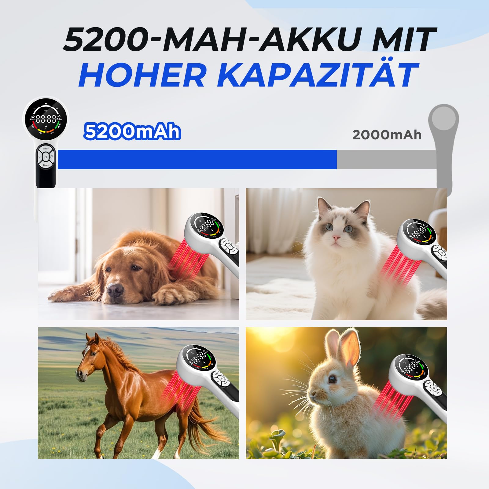 8 * 808nm & 16 * 650nm Kaltes Rotlicht Handgerät, 5200-mAh-Akku Infrarot Lasertherapie für Hunde mit 2 Modi, Tragbares Rot Lichttherapiegerät für Haustier Hüft, Pferde Muskel, Katzen Gelenkarthritis