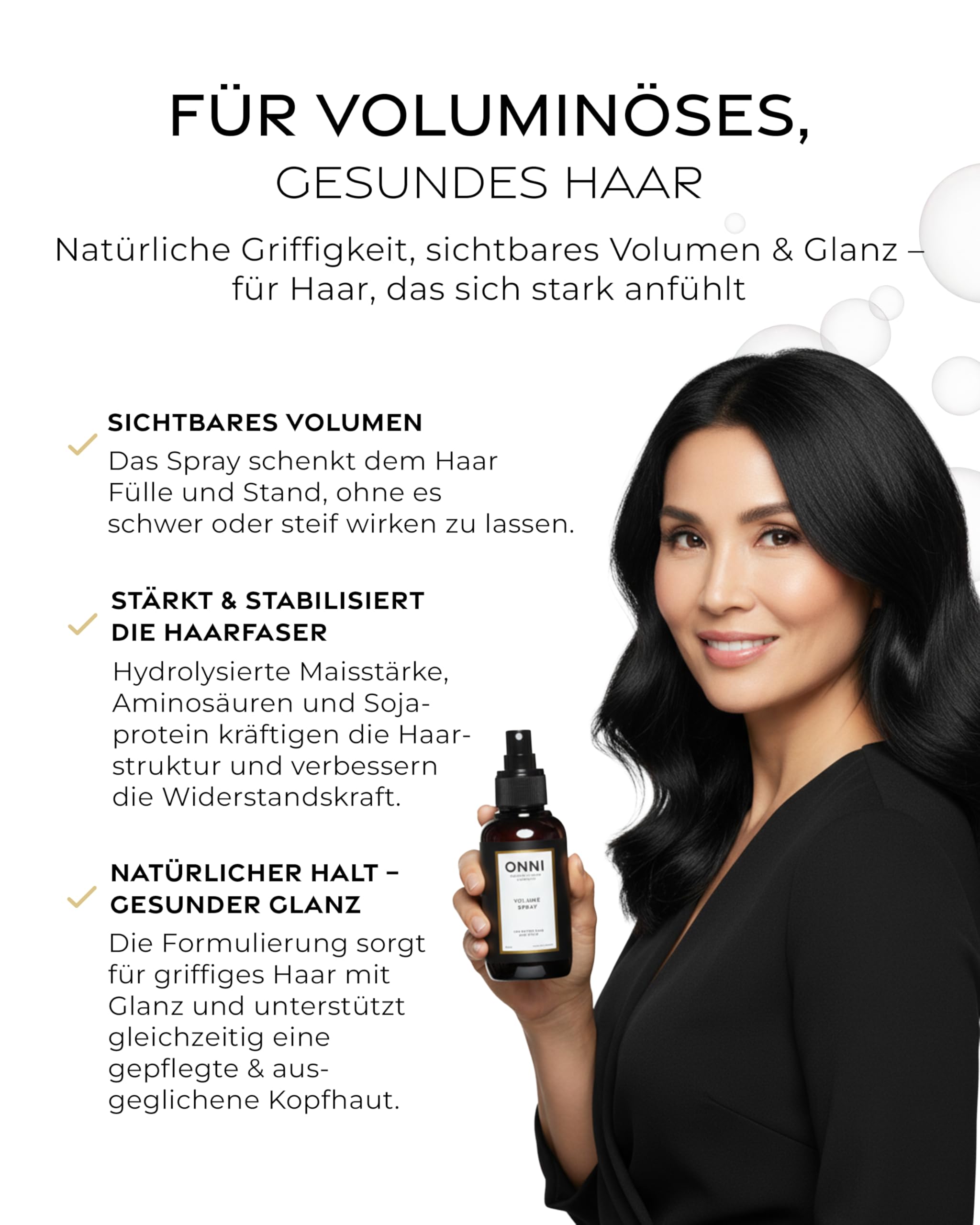 ONNI – Volumen Spray 200ml – Volumenspray für mehr Halt, Griffigkeit und Haarfülle – mit Maisstärke & Aminosäuren – stärkt das Haar ohne zu beschweren & verleiht Glanz – vegan, silikon- & parabenfrei
