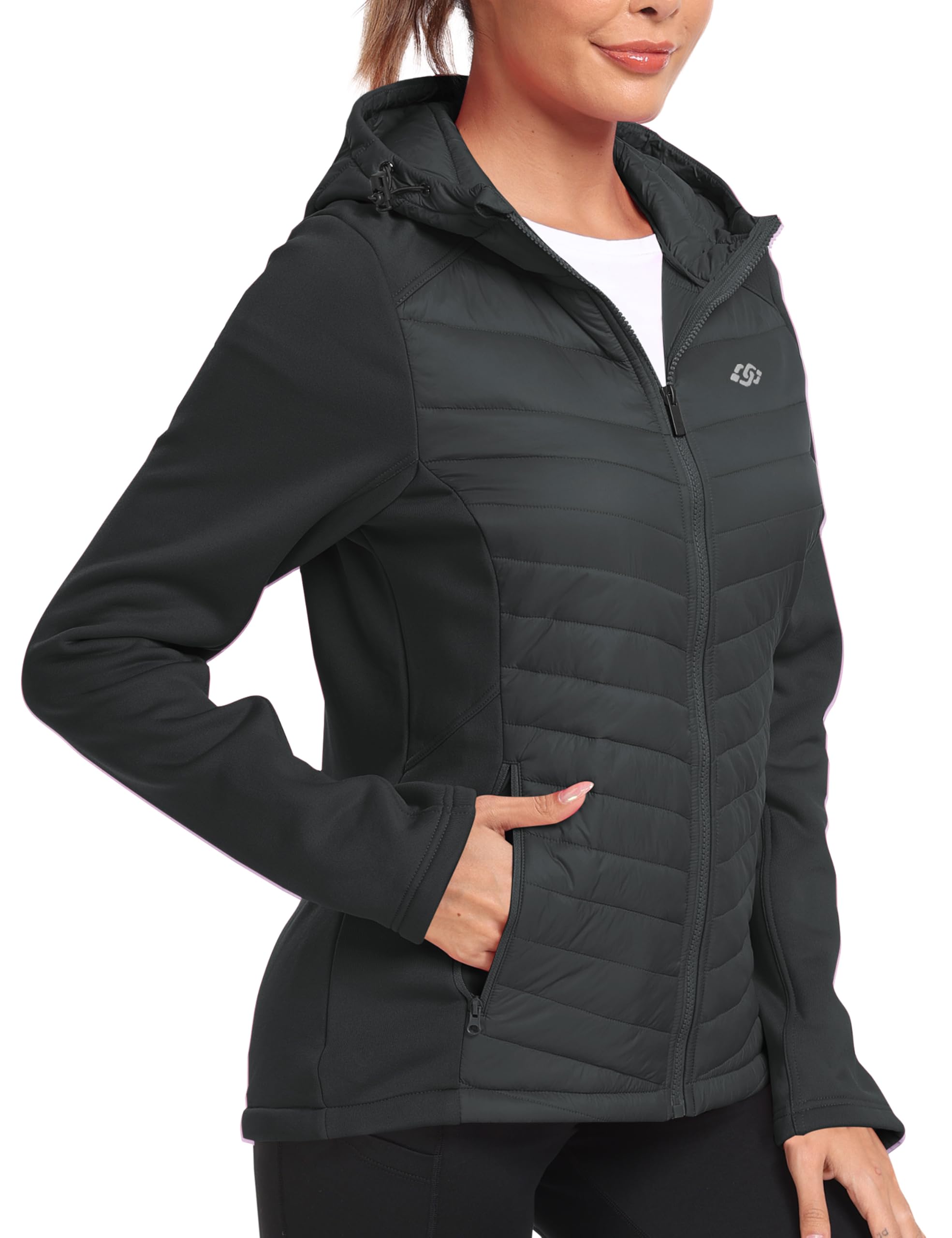 MoFiz Women's Fleece Lined Softshell Jacket Hooded Puffer Hybrid Down Coat