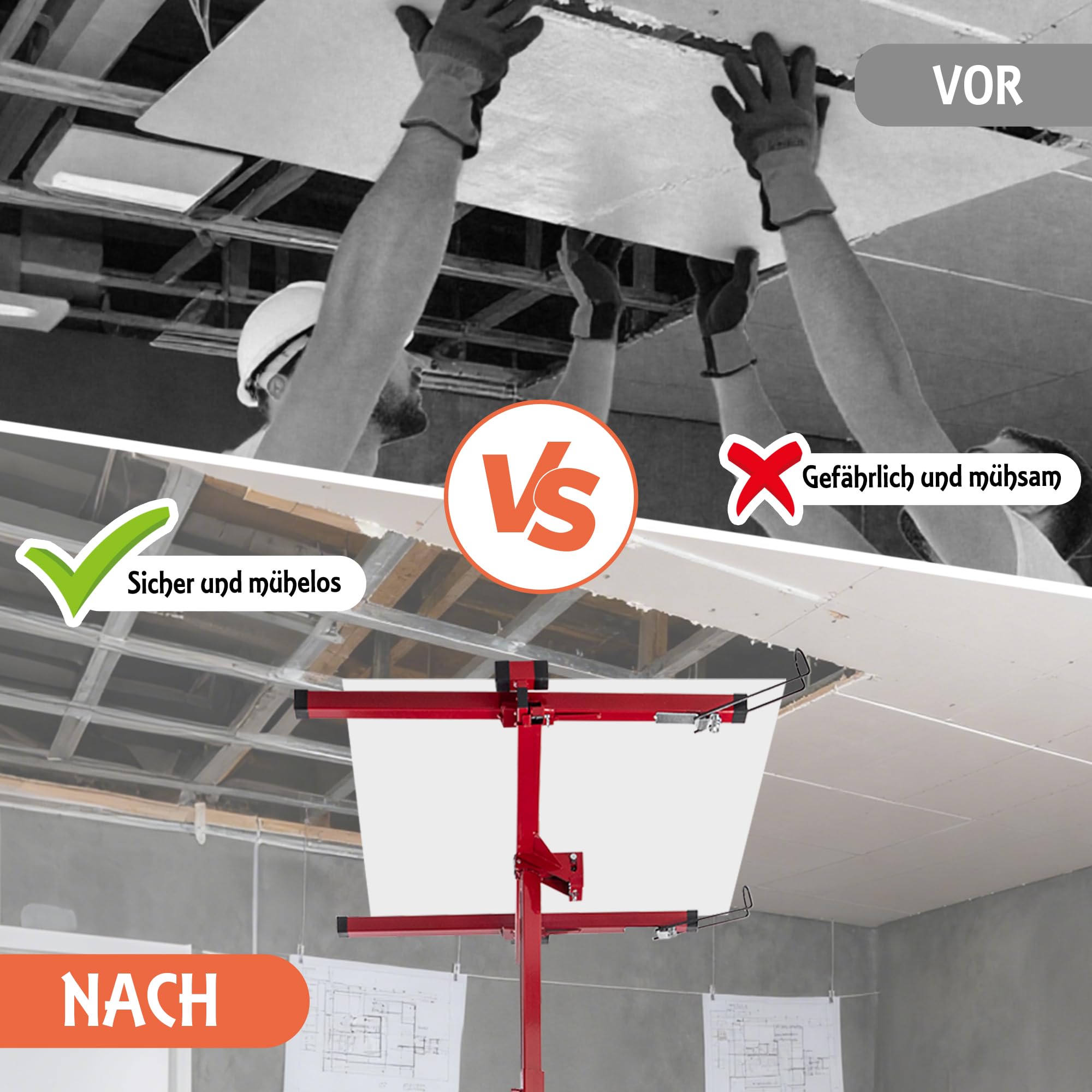 XXL Plattenheber Traglast bis 68 kg Arbeitshöhe 140-350 cm Max. Breite 2,90 m, 1-Mann-Bedienung Trockenbau Montagehilfe Mit 3 Bremse-Rädern für Innenausbau Rot