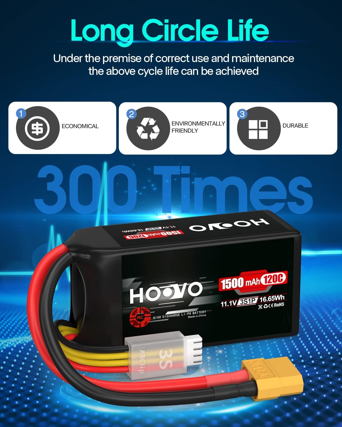HOOVO 3S 120C 11.1V 1500mAh LiPo Battery with XT60 Plug for FPV Racing RC Quadcopter Helicopter Airplane Multi-Motor Hobby DIY Parts (2 Pack)
