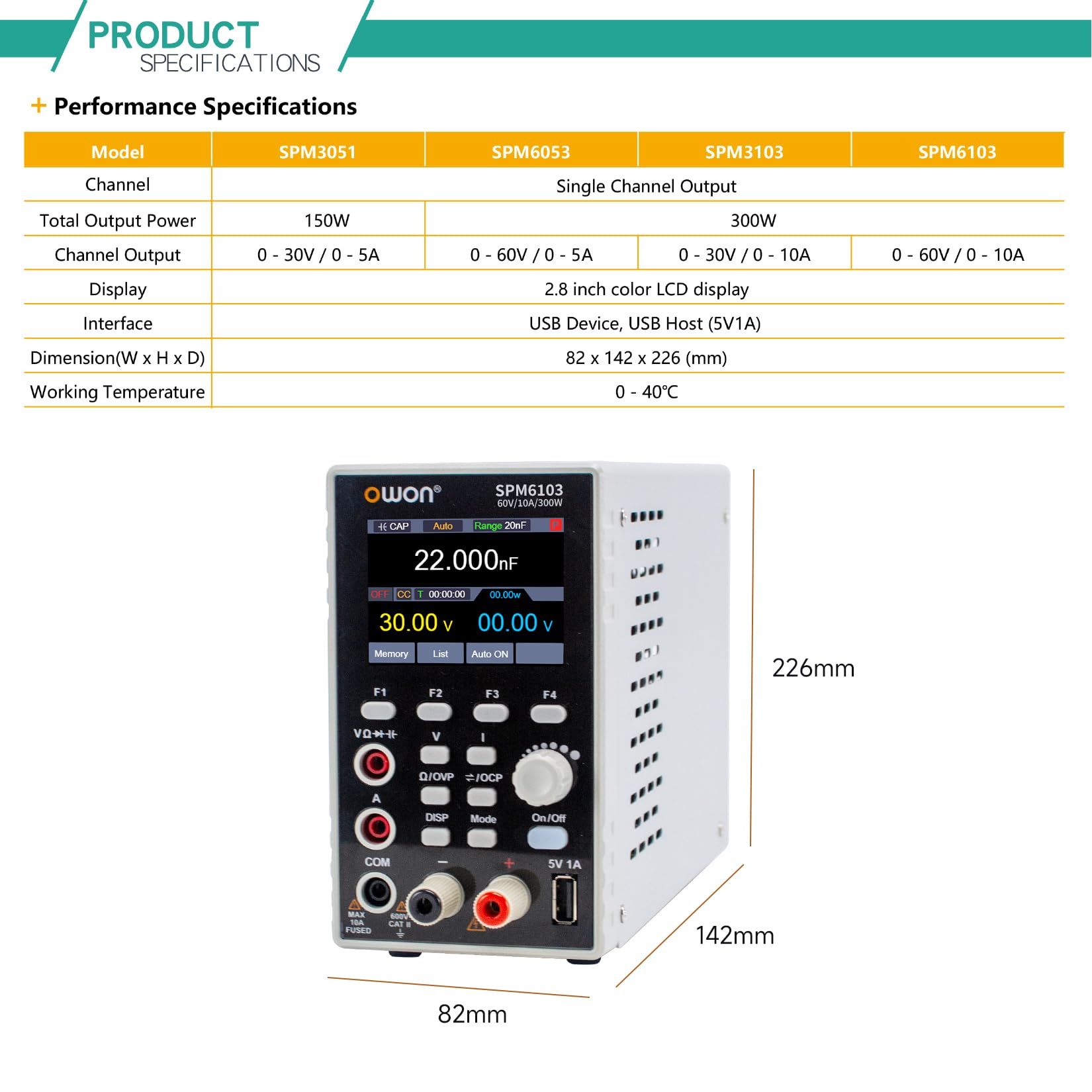 OWON SPM6103 Alimentatore da Banco (0-60V, 0-10A), 2 in 1 Alimentatore CC e Multimetro, Alimentatore da Laboratorio DC, Display LCD da 2,8 Pollici, Multimetro Digitale, con porta di ricarica USB