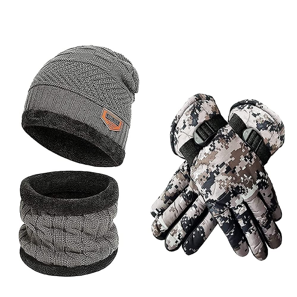 Winter Woolen Cap, Neck Warmer Scarf with Military Gloves Set| Beanie Style Warm Winter Neck Scarf, Gloves and caps Suitable for Men and Women|Stylish Combo of 02 (Grey)-image-25