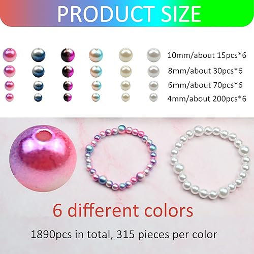 Miniatura 2 de 1890 perlas de imitación de 6 colores degradados de ABS de imitación de perlas lisas de arco iris para hacer joyas, aretes, collares, pulseras