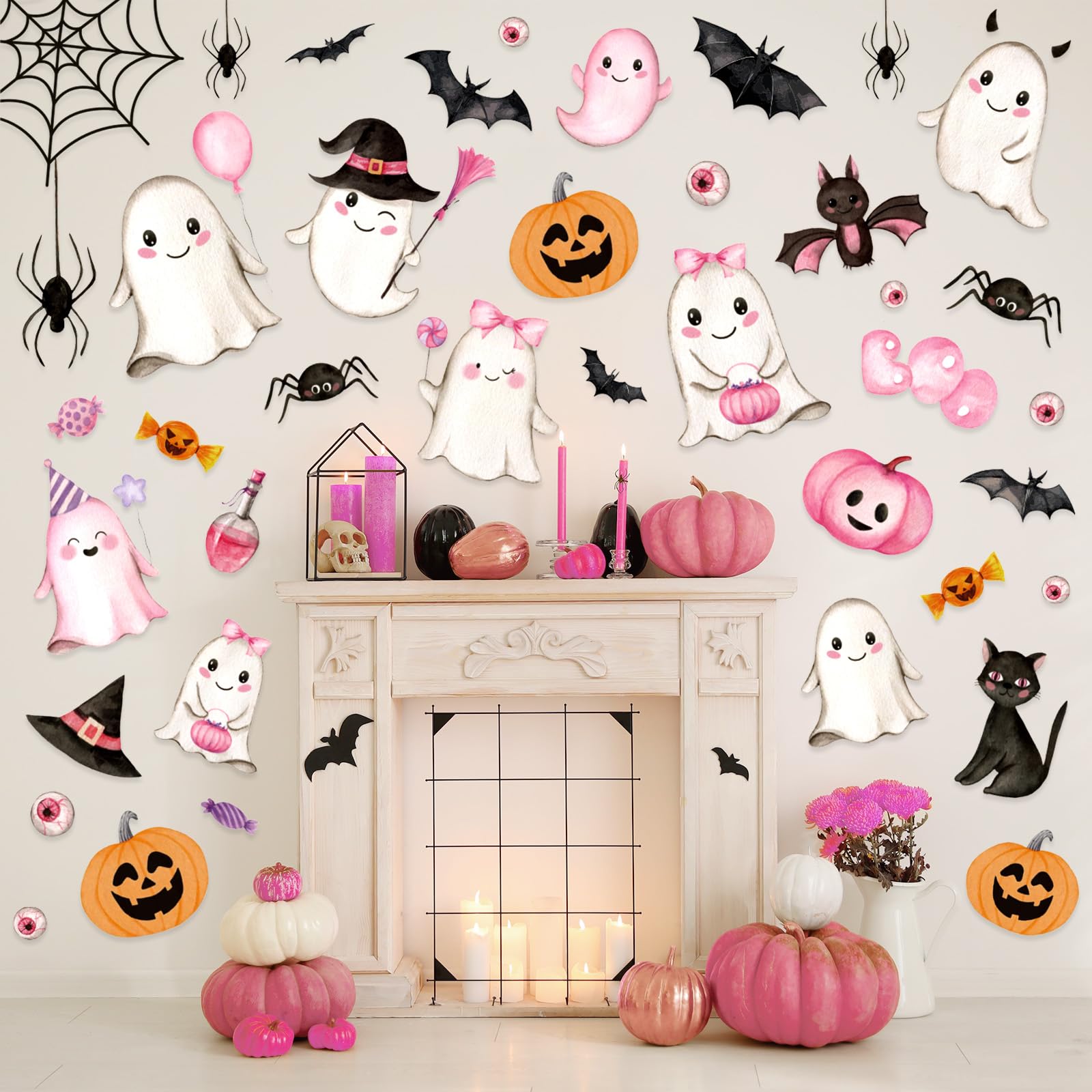 Autocollants muraux Halloween rose Whaline 9 feuilles en PVC pour déco de fête et bureau