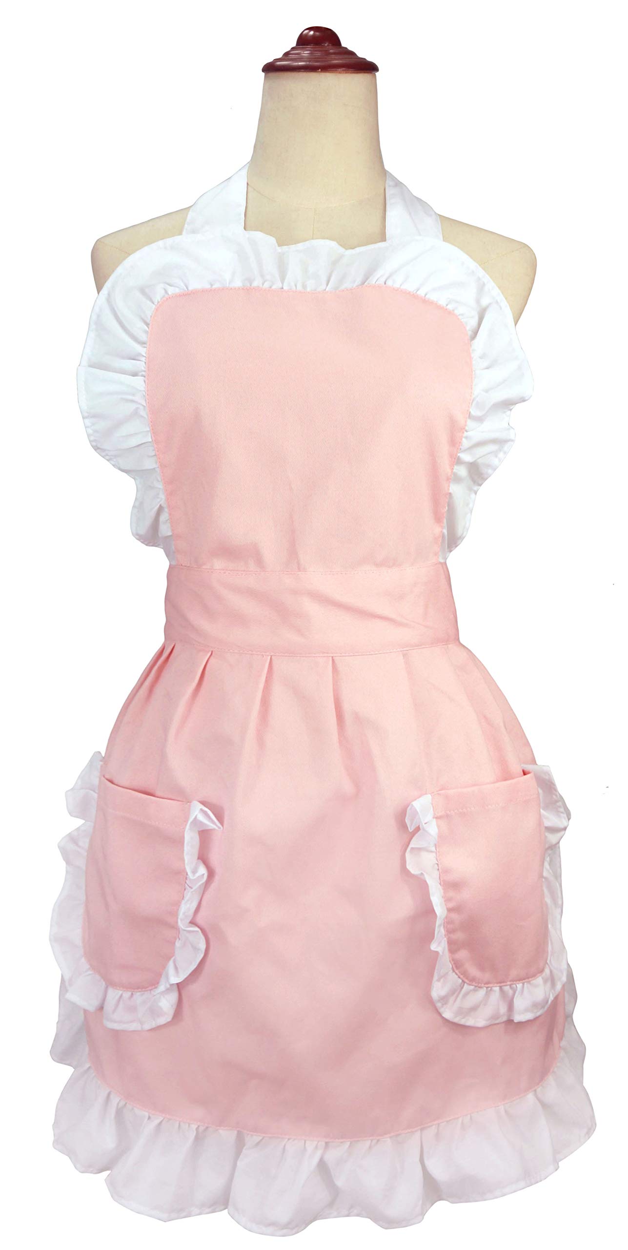 LilMents Women's Ruffles Outline Retro Pockets Apron Kitchen Cooking Cleaning Maid Costume (Light Pink)