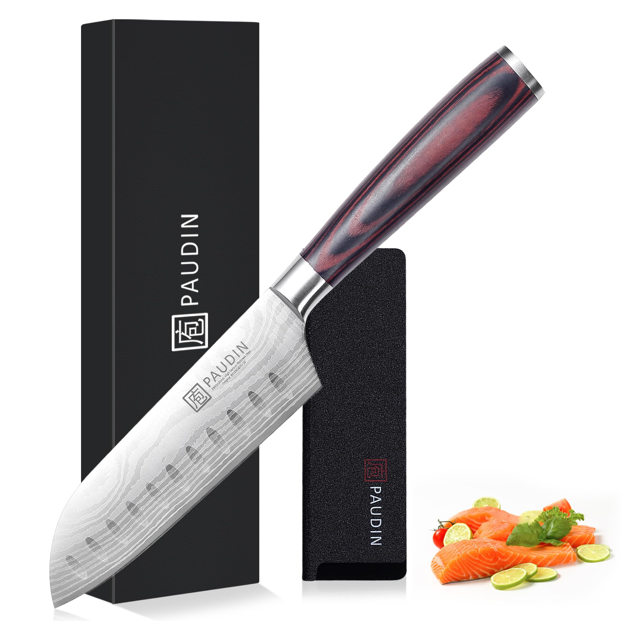 PAUDIN Santokumesser 13 cm, Ultrascharfes Küchenmesser aus Hochkohlenstoff-Edelstahl, Ergonomisch&Vielseitig für Fleisch, Gemüse&Obst, Ideal für Hobbyköche&Profis, Nachhaltig mit lebenslanger Garantie