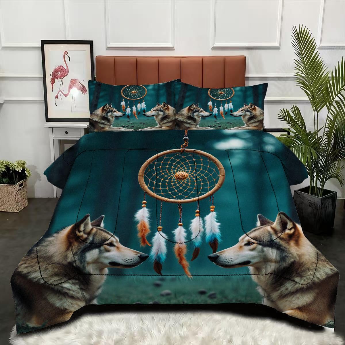 Couette 160x200 loup 3D avec 2 taies, couverture microfibre imprimée 4 saisons