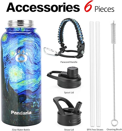 Miniatura 8 de Botella de agua aislada de 32 onzas con tapas y pajillas, de acero inoxidable, para exteriores, botella de boca ancha para bebidas frías y