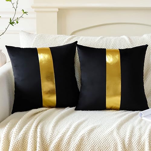 Miniatura 3 de Artscope Juego de 2 fundas de almohada de terciopelo negro con costuras de cuero dorado, fundas de almohada cuadradas modernas y minimalistas para