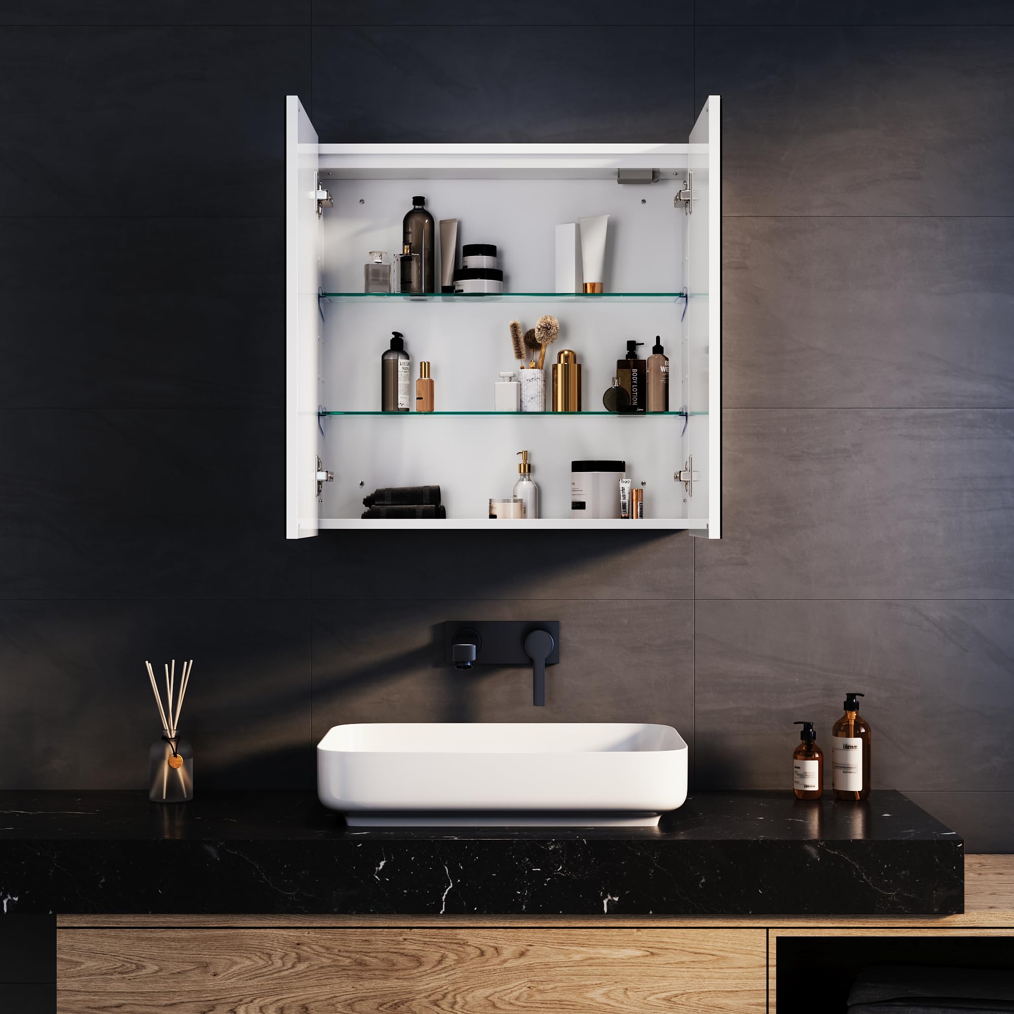 SONNI Armadietto Specchio Bagno con Illuminazione, 3 Colori Luce Regolabile Antiappannamento LED, Mobile Bagno con Specchio Verniciato Ferro a Singola, Design Armadietto Medicina,59x60x14cm