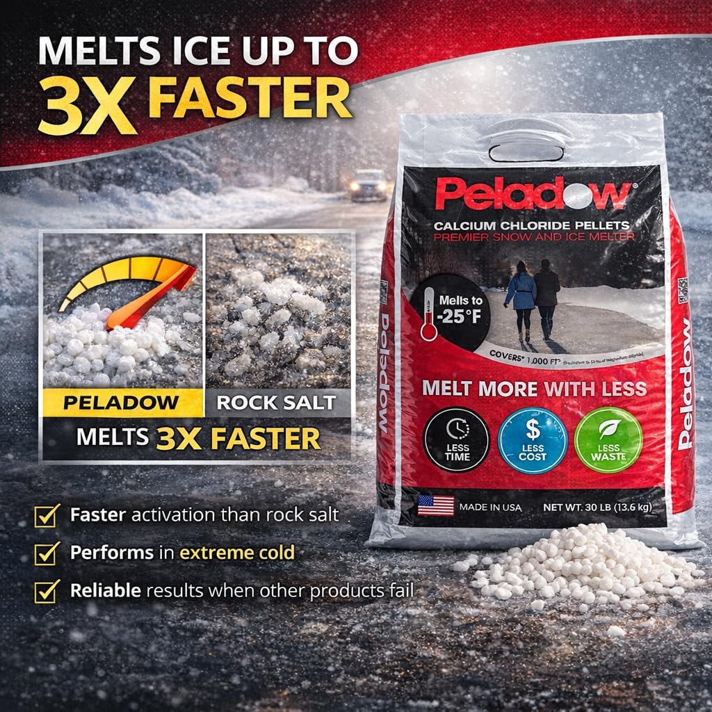 Premium Ice Melt Bulk Pallet Calcium Chloride Pellets - (Pallet of 45 Bags) 50 Lbs Each- Professional Grade- Driveway, Walkway, Parking Lot, Pet Safe, Concrete Safe - Works to -25F