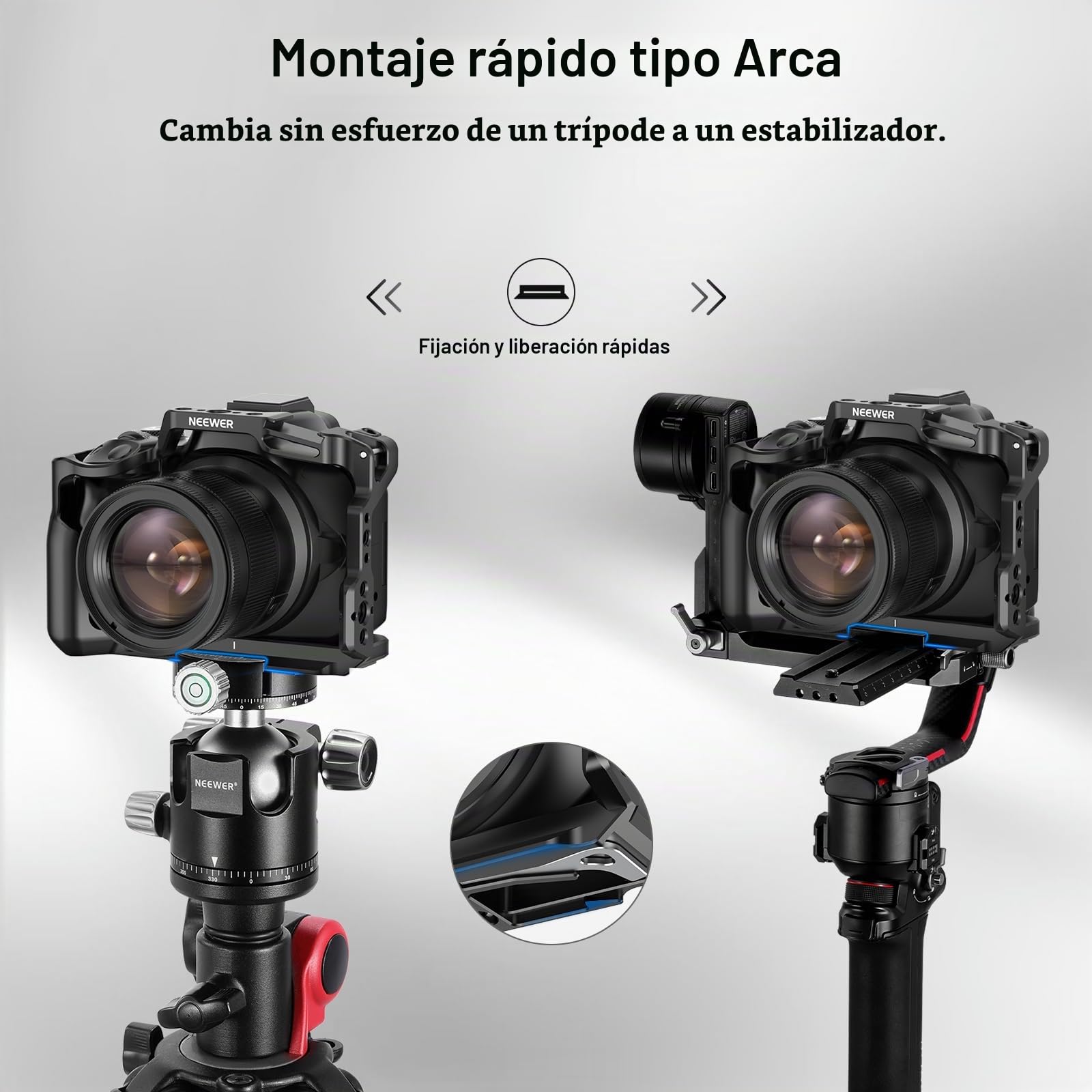 NEEWER R50 Cage Jaula de Cámara Compatible con Canon EOS R50, Video Rig de Aluminio con NATO Rail, 1/4" Roscas, 3/8" Orificios ARRI, Zapata Fría, Compatible con dji Gimbals Arca Type QR System, CA031