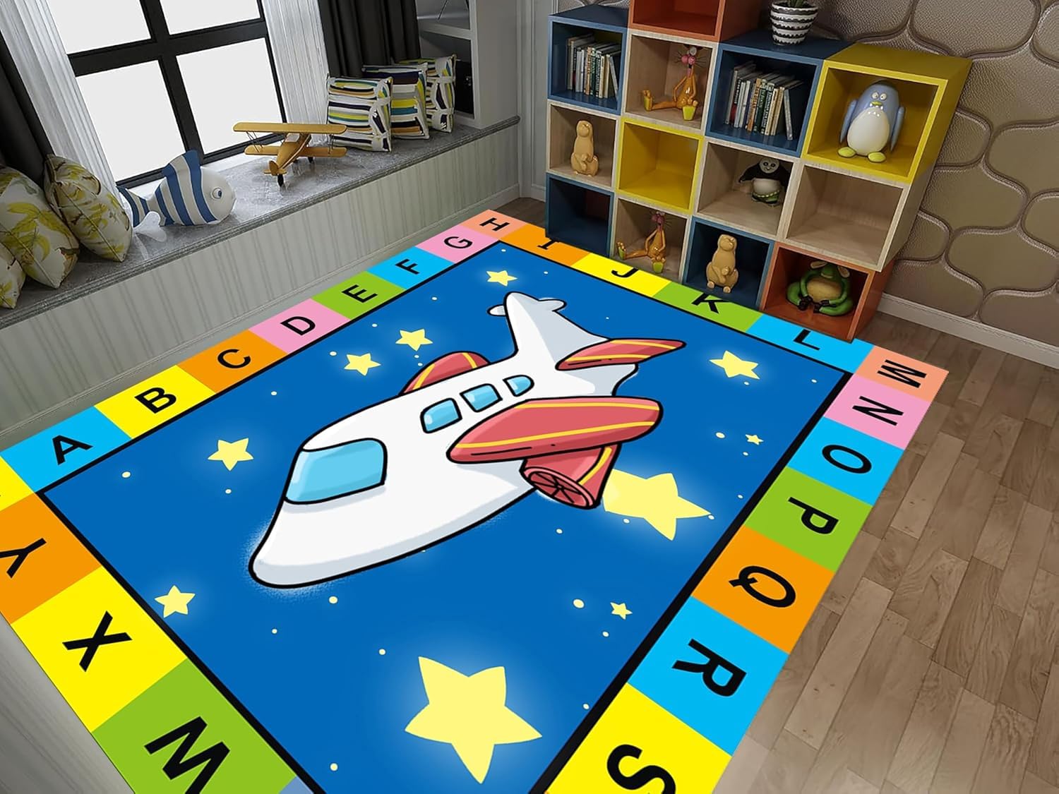 MUOUCTE Area Rug, 180x300cm Alphabet Planes Stars Space Themed Bedroom Decorative Rug, Cute Cartoon Children Rug Home Interior Decorative Carpet, Bedroom Playroom Kindergarten Entry Floor Carpet — image 1
