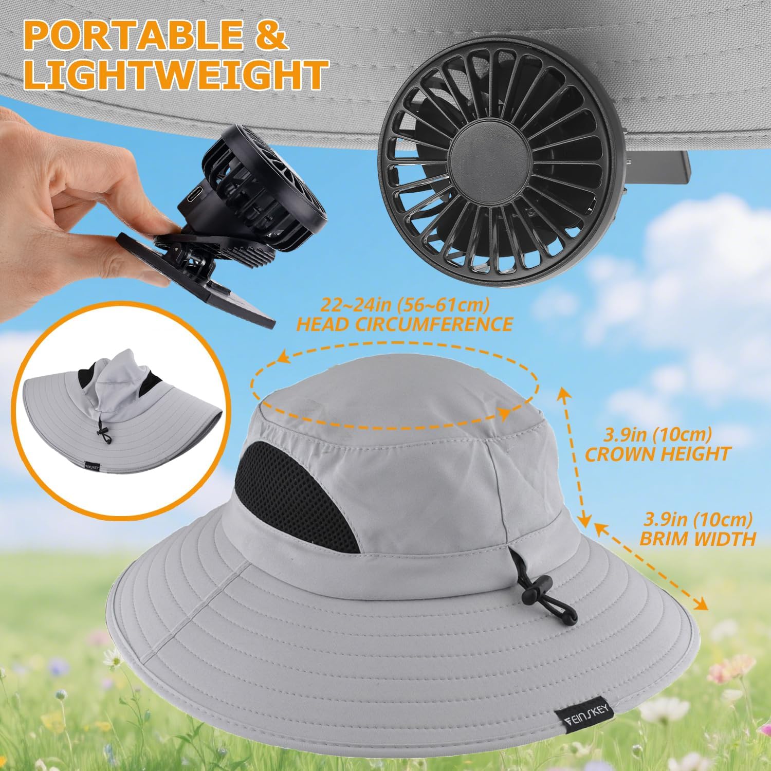 EINSKEY Wide Brim Sun Hat with 2 Solar Fan, Unisex UPF 50+ Bucket Hat with Clip-On Fans for Outdoor Hiking Fishing Gardening