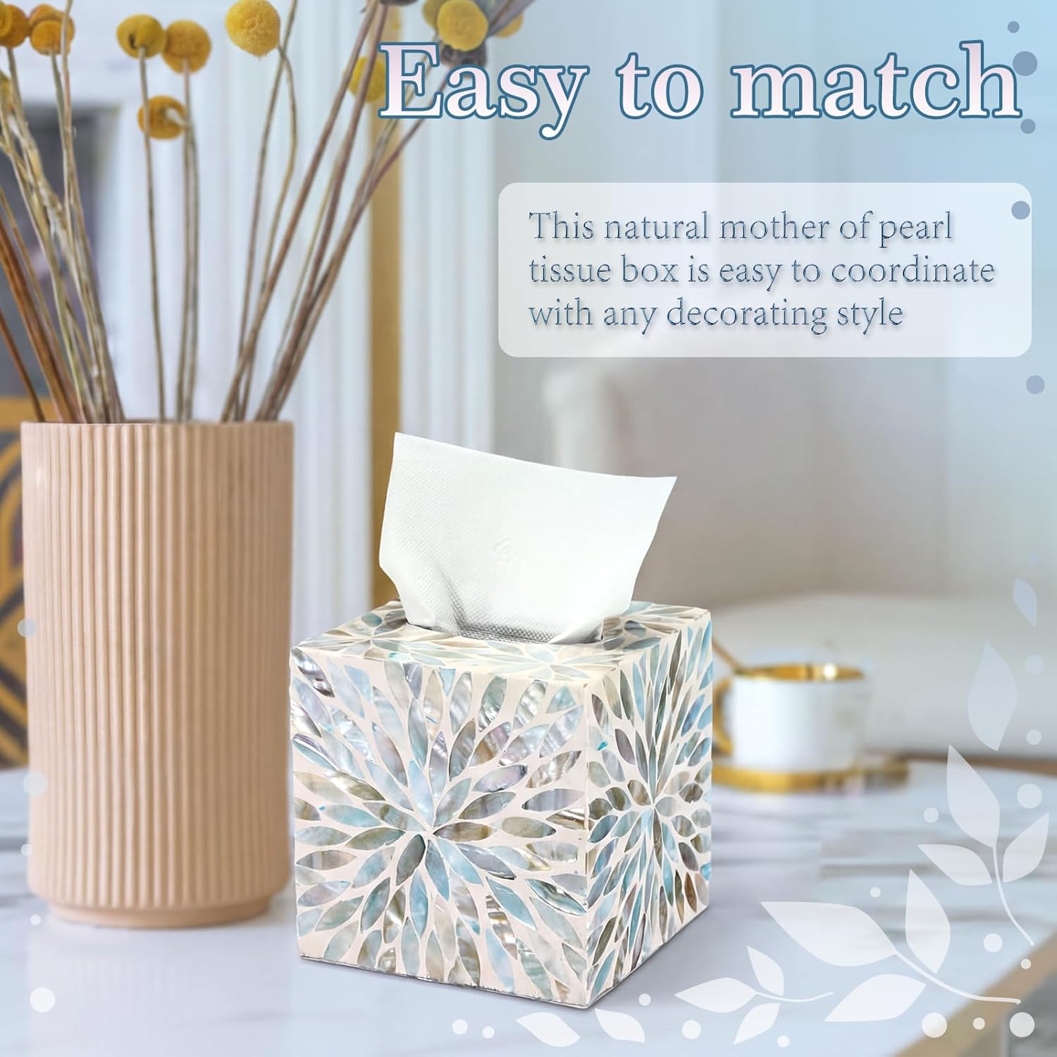 5.9 Inch Cube Mother of Pearl Tissue Box Cover Ceramic Decorative Tissue Box Holder, Square Napkin Holder Rustic Napkin Dispenser Organizer for Table Bathroom Office(Ivory Teal Floral)