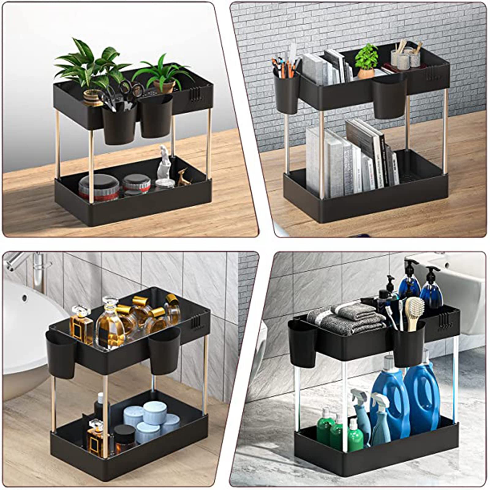 Organizador de Almacenamiento para Debajo del Fregadero, Organizador de Armario de Cocina y Cesta de Almacenamiento con Ganchos, 2 Niveles para Organizador de baño y Cocina
