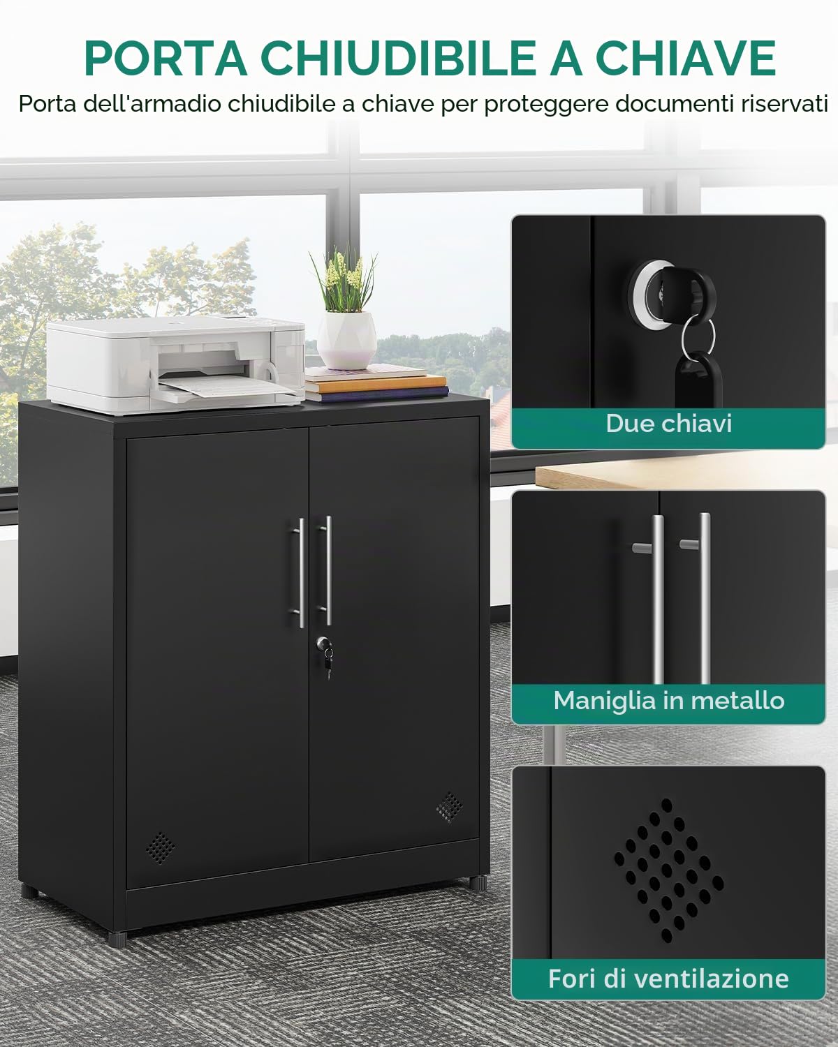 YITAHOME Armadietti portaoggetti a 2 ante, in metallo con chiave, armadio autoportante con 2 ripiani regolabili, organizer per bagno, armadietti per casa e ufficio, nero