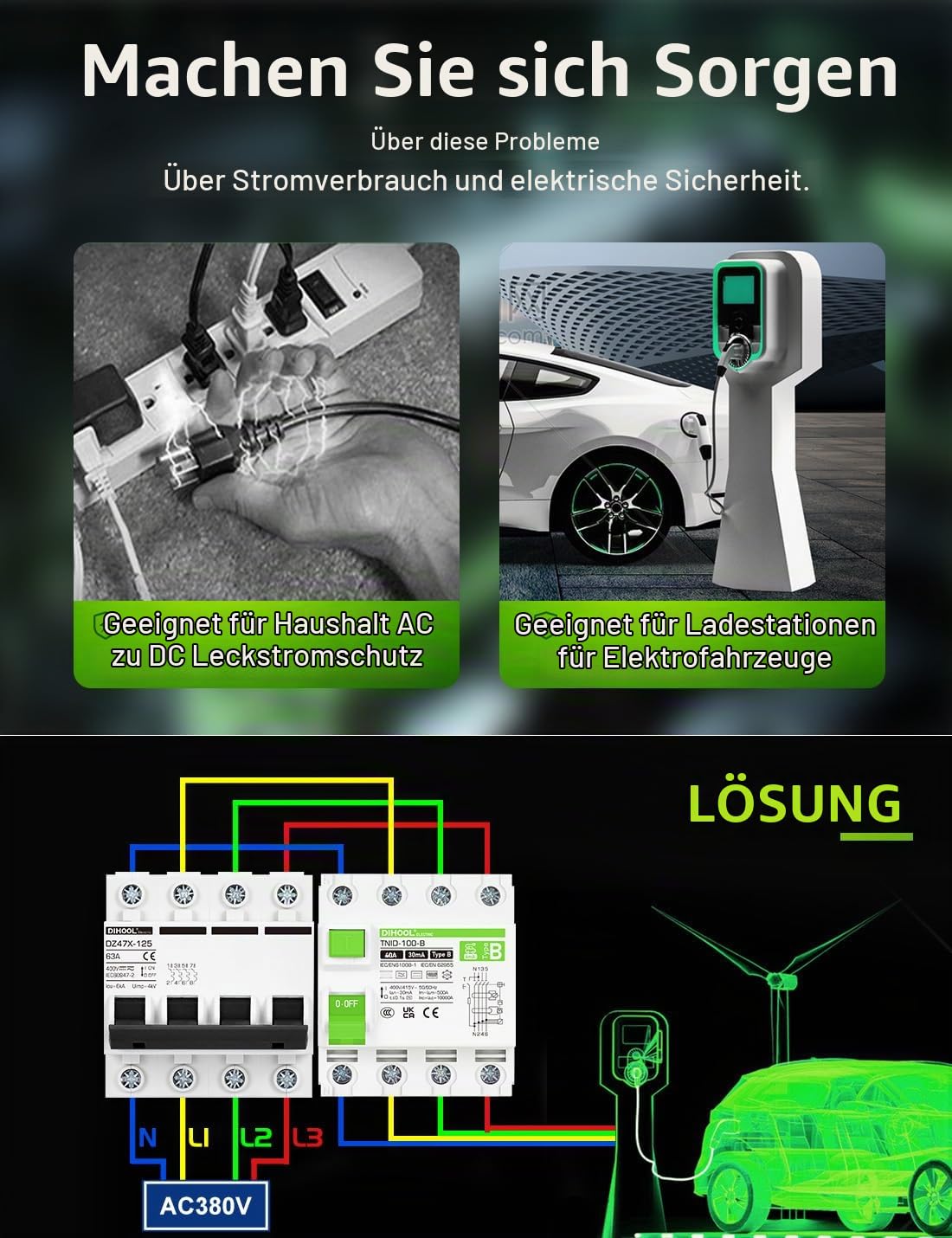 DIHOOL RCD typ B FI schutzschalter 40A 30mA 4 polig DC 6MA elektrofahrzeug ladegerät