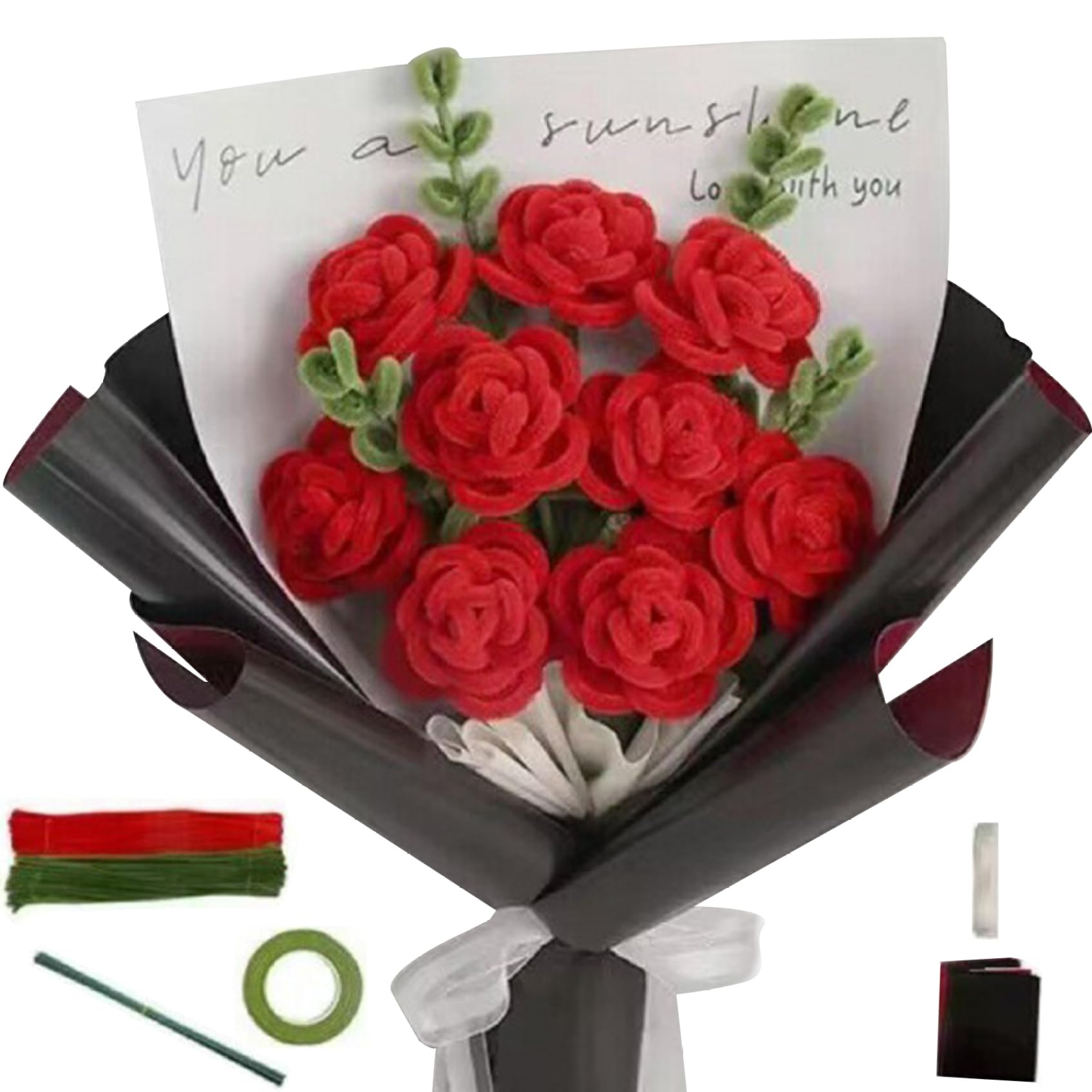 Pastel Pipe Cleaners Pipe Cleaner Flowers Kit DIY Rose Bouquet Pipe Cleaner Craft Kit 9 Roses Pipe Cleaners Craft Supplies for Wedding Valentine's Day, Red