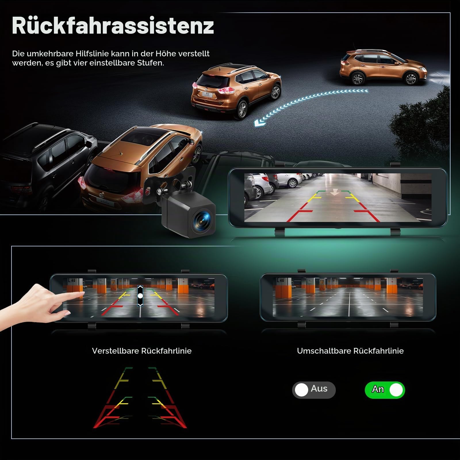 Hodozzy 4K+1080P Rückspiegel Dashcam Auto, GPS ADAS BSD WLAN & App, 10,88 Zoll Touchscreen Spiegel Dash Cam Vorne und Hinten mit Rückfahrkamera, Parkmodus, G-Sensor, Loop, Nachtsicht, 64GB TF Karte