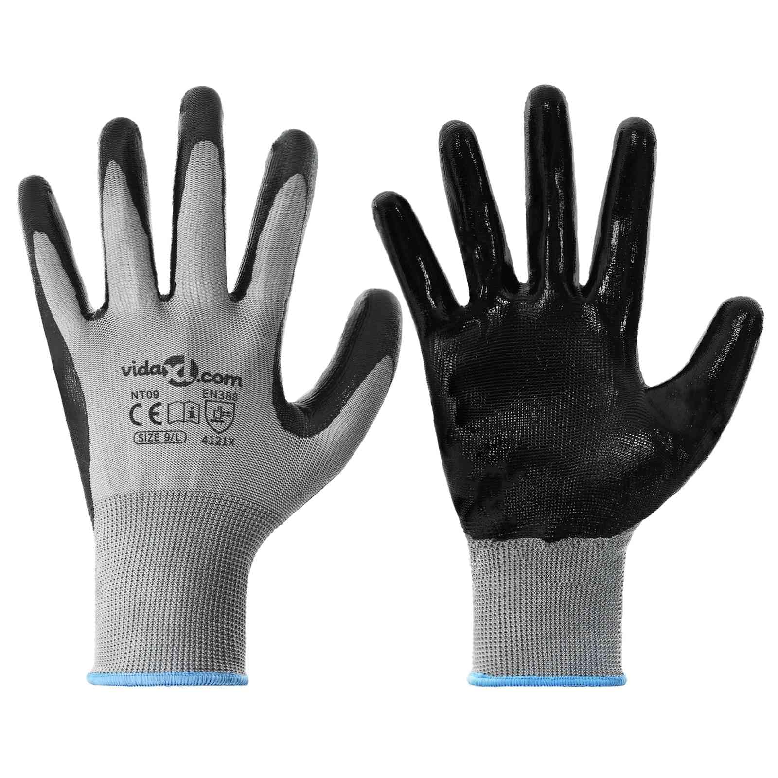Lot de 24 gants de travail gris et noir 9/l polyester pour l'intérieur et l'extérieur