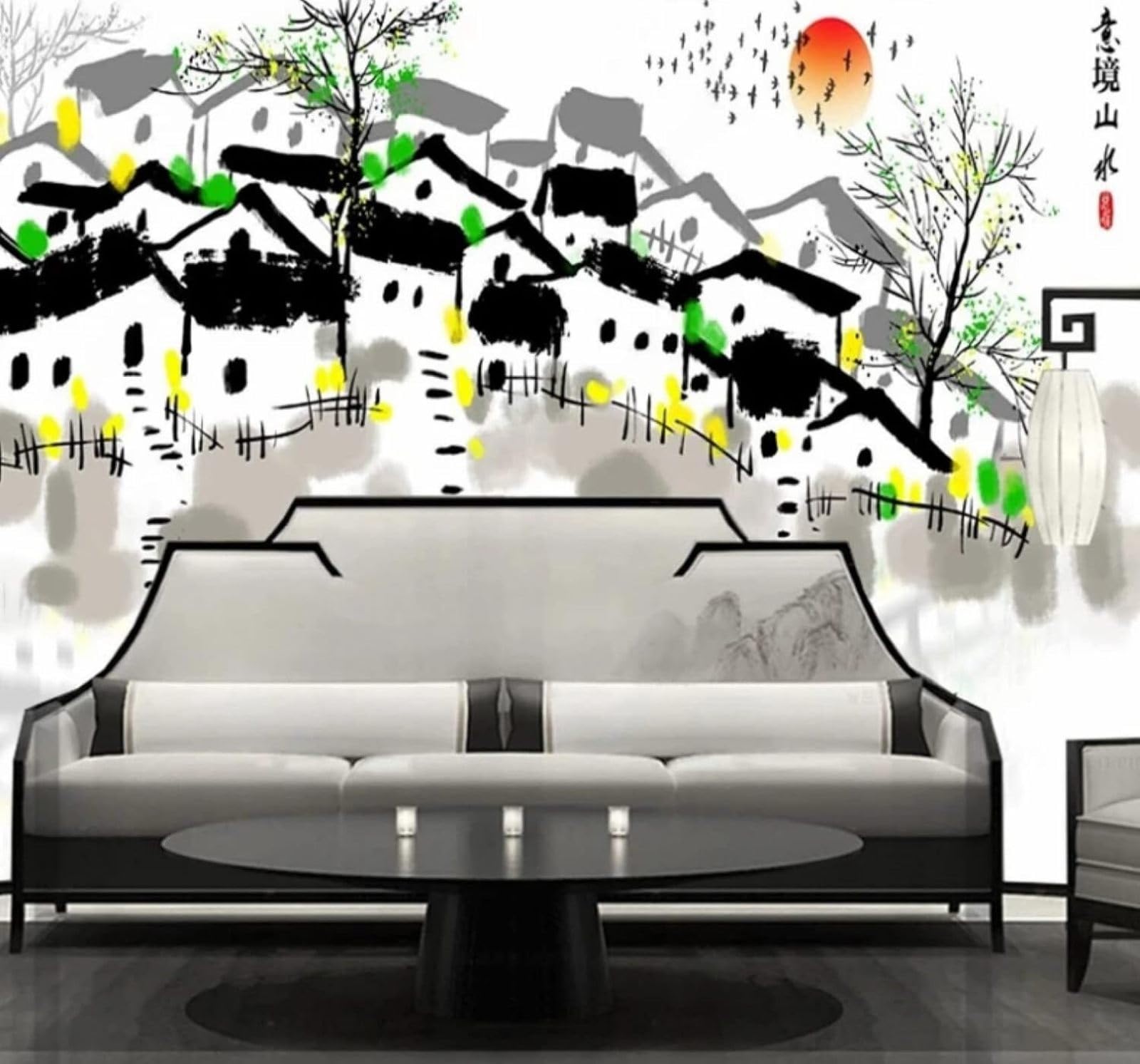 Wallpaper-3D-Xlm 350Cm×256Cm(B×H) Hand Drawn Ink Wash Architecture Rivers Landscapes 3D Wallpaper Easy Install Feature Office Living Room Sofa Bedroom Tv Background Wall Decoration-350Cm×256Cm