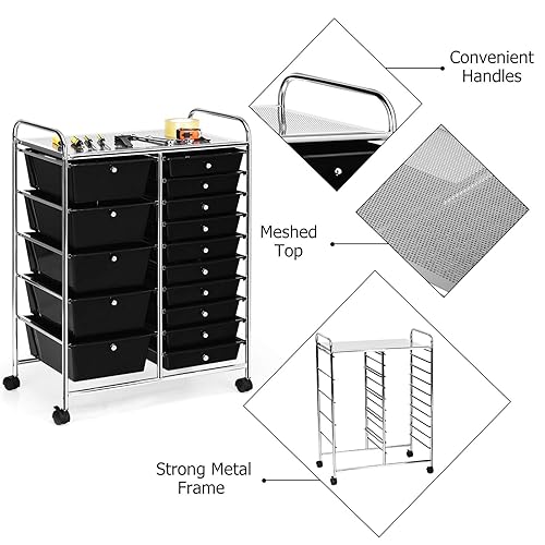 Miniatura 7 de MEDIMALL Carrito de almacenamiento con ruedas de 15 cajones carrito organizador de almacenamiento multiusos con ruedas y marco de metal duradero