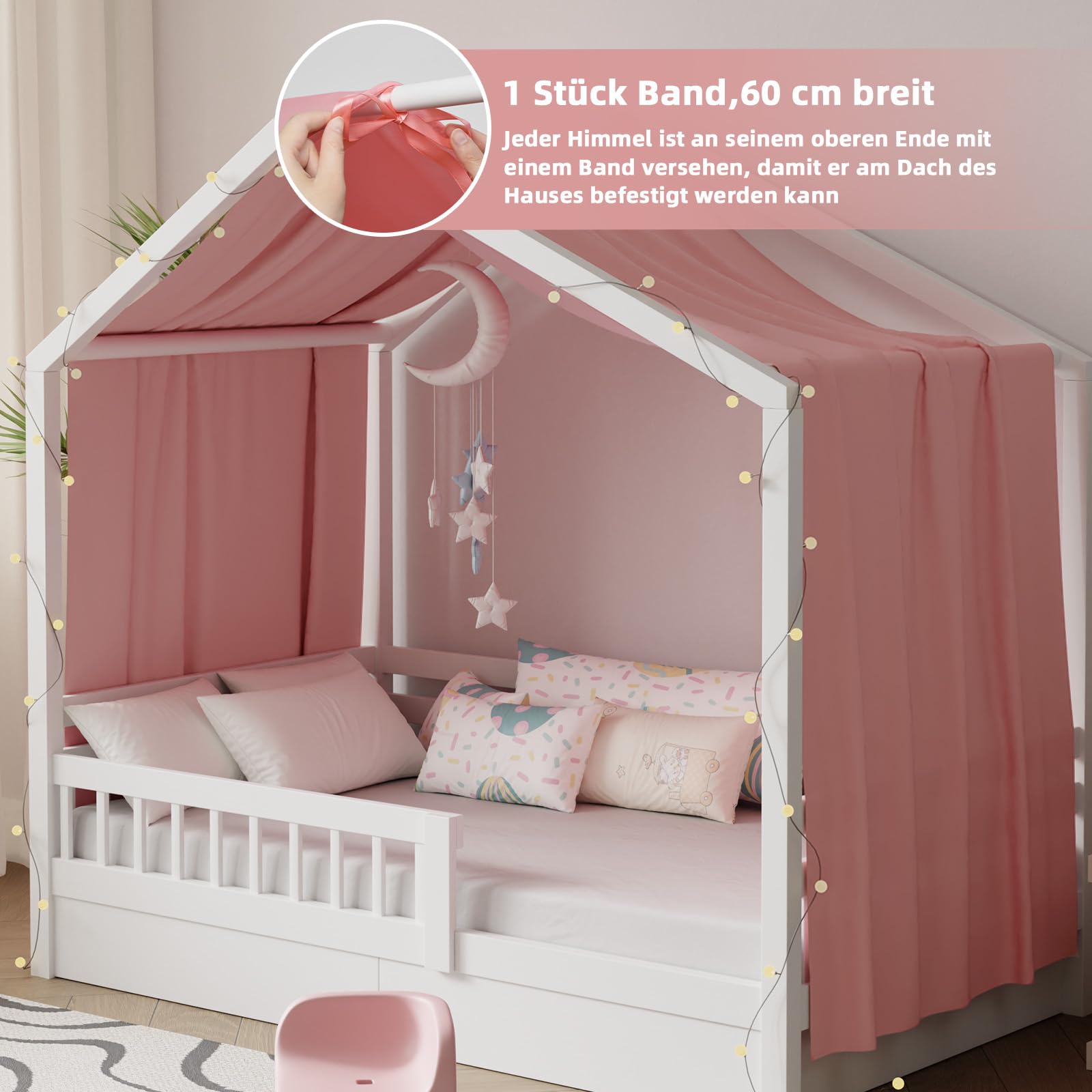 Ciel de lit avec guirlande lumineuse décorative - 135 x 420 cm - Rose