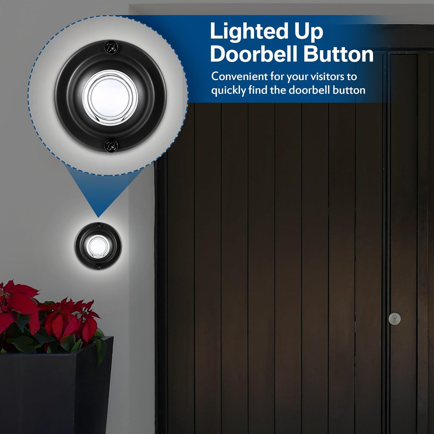 Dreyoo Door Bell Button, Round Metal Doorbell Button Wired Lighted Up LED Door Buttons Replacement Solid Iron Doorbell for Home Front Doors, White Light(Black)