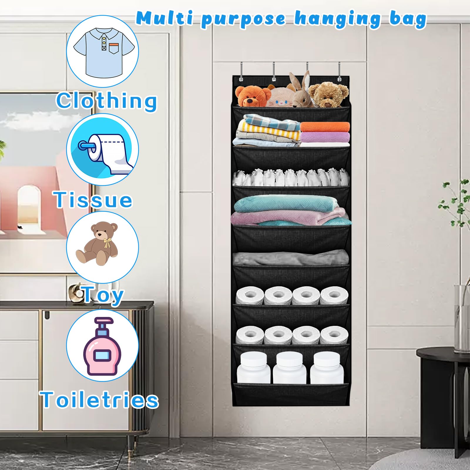 Scarpiera da Appendere Alla Porta,Organizer Scarpe con 8 Grandi Tasche per Sportascarpe,Portaoggetti da Appendere Salvaspazio Ideale per Ogni Ambiente-Nero