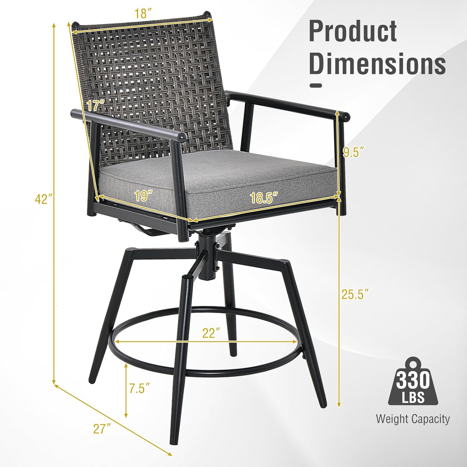 Diagram showing the dimensions of the Tangkula patio swivel bar stool, including height, width, and depth measurements, and a weight capacity of 330 lbs.