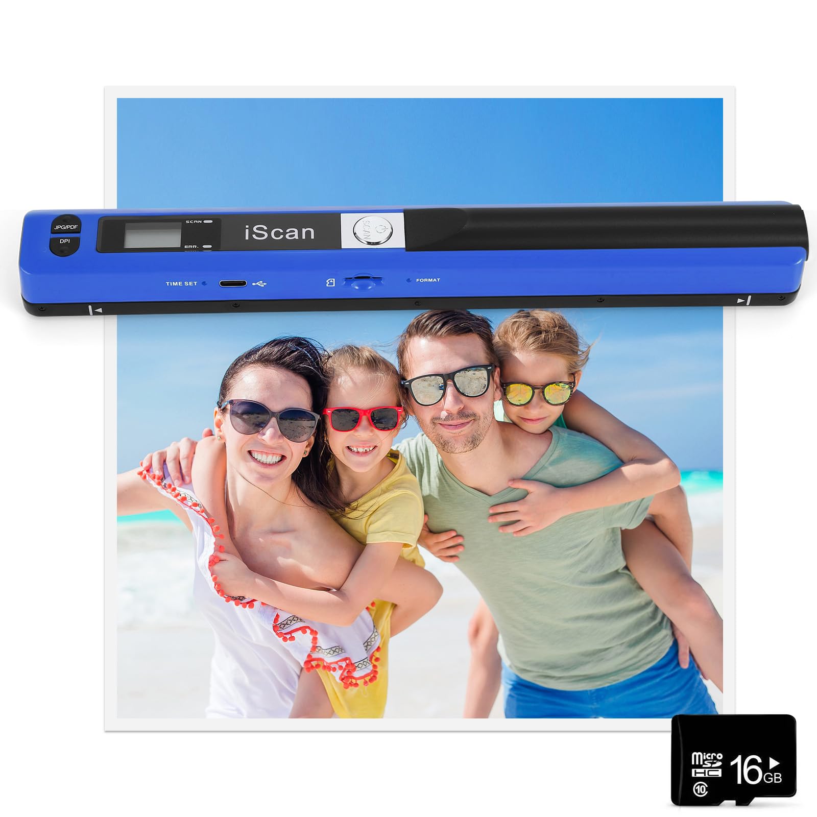 Scanner per documenti portatile, 900 DPI, scanner portatile per immagini, scanner A4 per foto a colori, scansione mobile, formato JPG/PDF, con scheda SD da 16 G (blu)