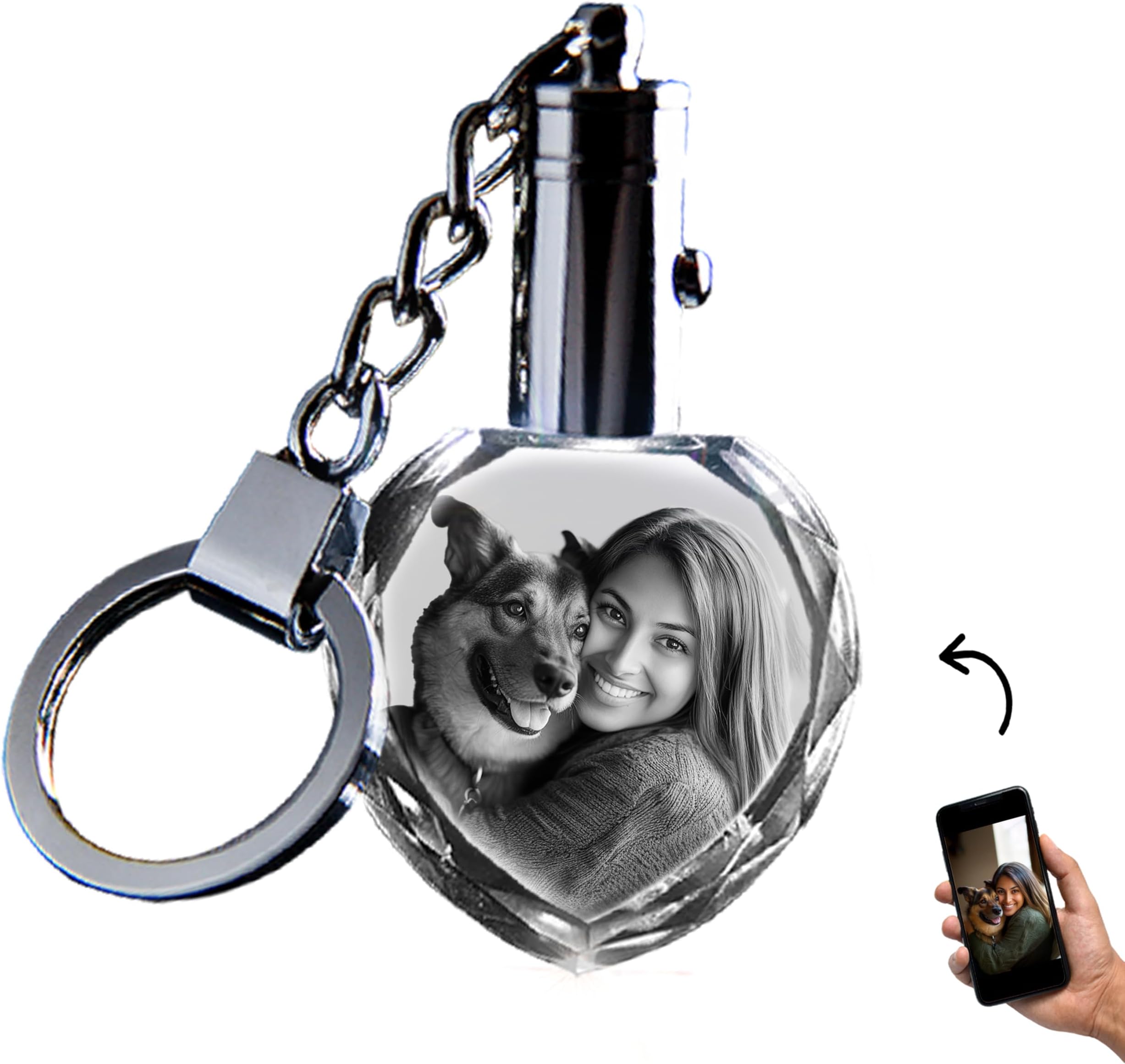 Personalized Crystal Keychain Photo with LED Light Custom Laser Etched Key Chain, Valentines Gifts Keepsake