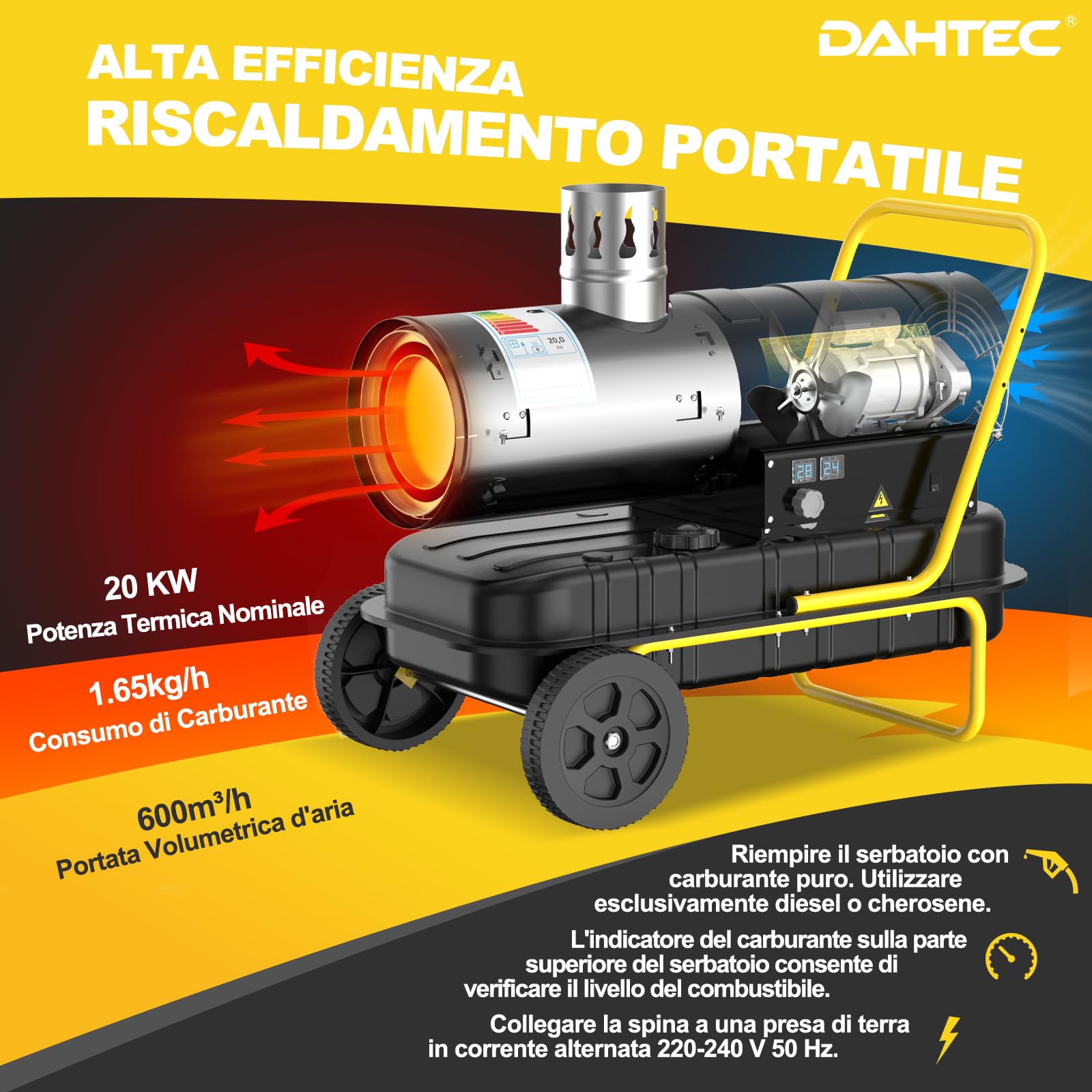Riscaldatore Diesel Indiretto 20 kW - Termoventilatore Industriale - Serbatoio Grande Capienza 38L - Ruote, Termostato Regolabile - Per Officine, Cantieri, Uso Agricolo