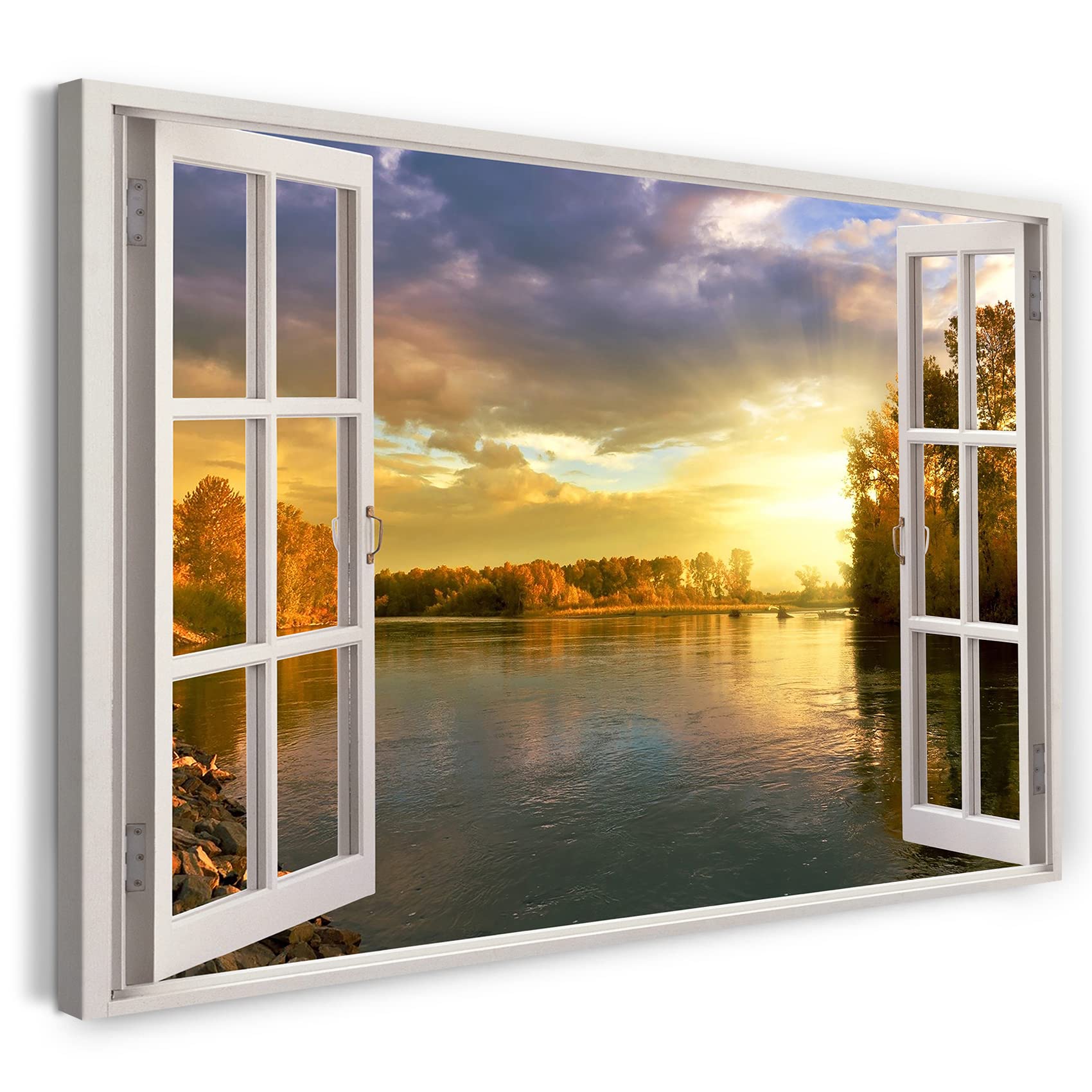 Print on Canvas (80x60 cm) view from the window - lake sunset nature water - nature photography, real wood frame with hook