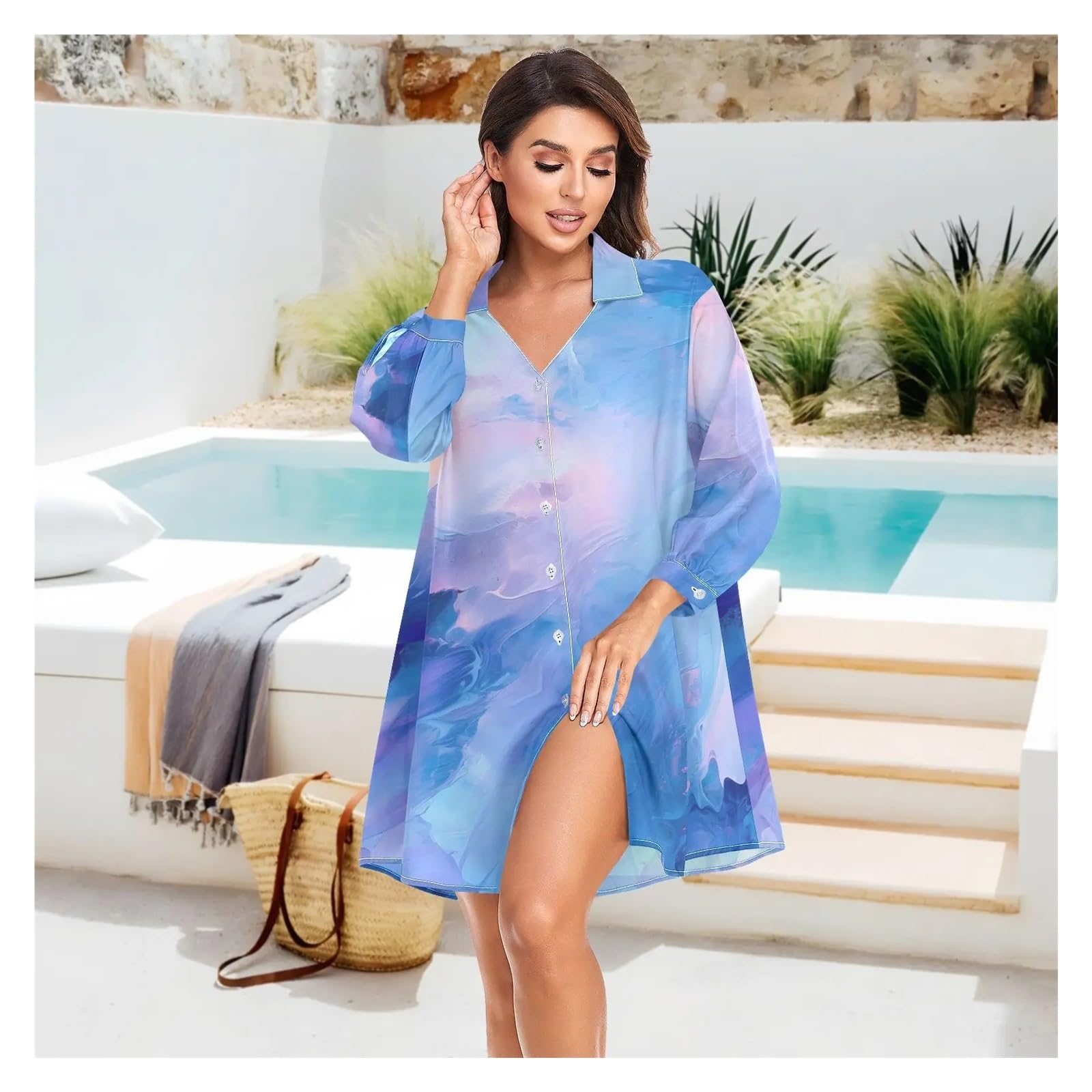 Bikini Cover Ups Bikini Cache Femmes Chemises de Plage imprimé marbre Maillot de Bain Cape été à Manches Longues Tunique Maillots de Bain Tenues(01,M)
