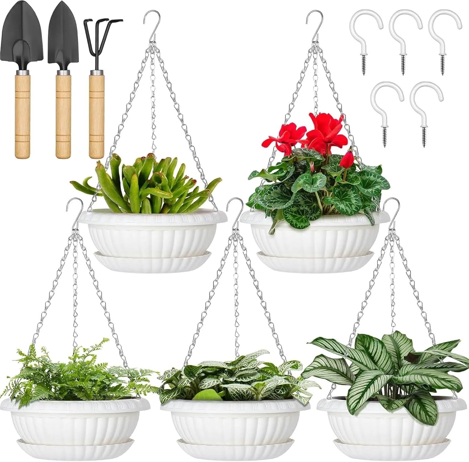 11" Hanging Pots, White Hanging Flower Pots, Hanging Plant Pots Baskets for Plants with Drainage Trays,