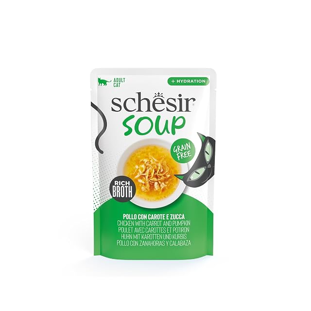 Schesir, Sopa con Filetes de Pollo con Zanahorias y Calabaza, Cibo Húmedo Complementario para Gatos