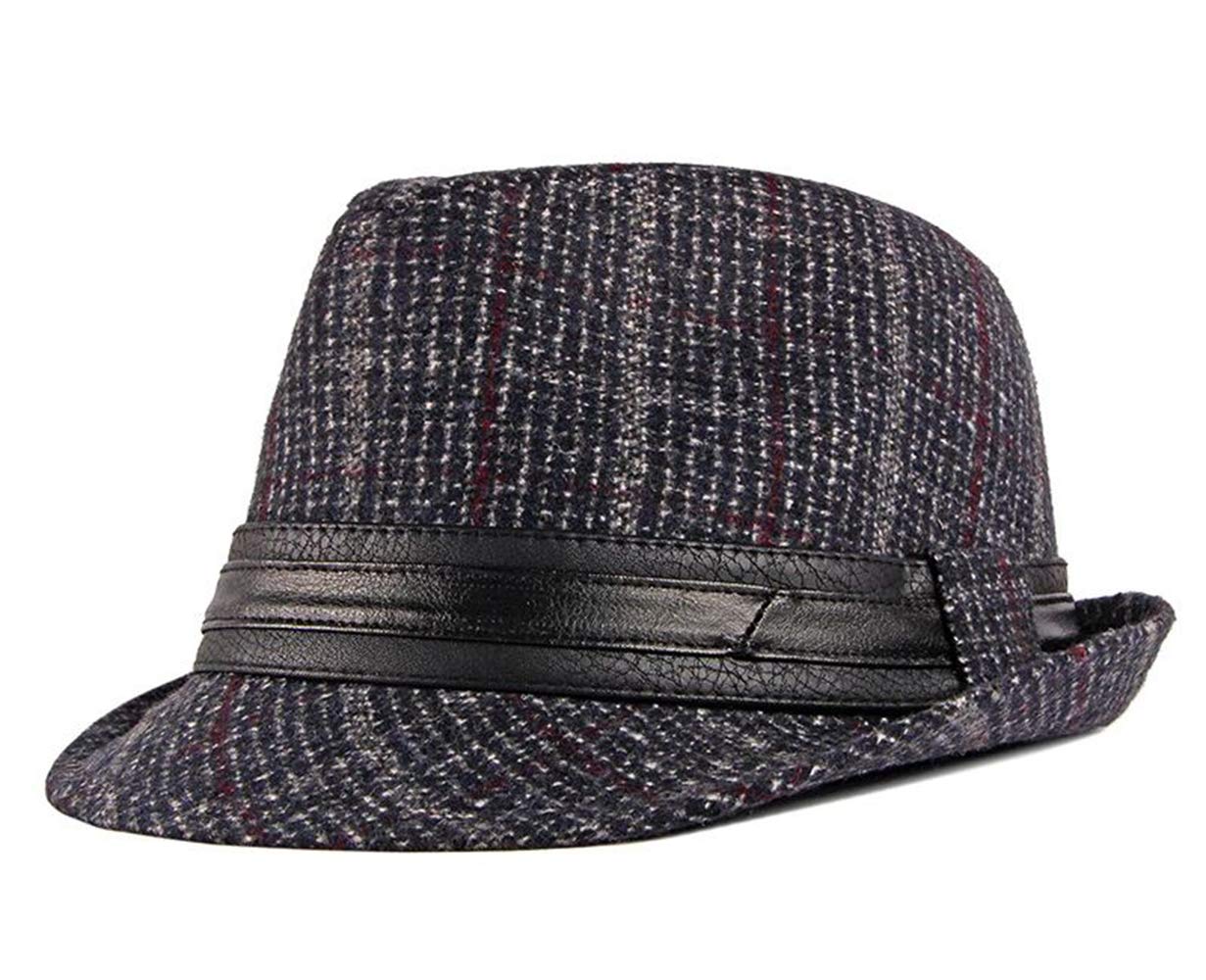 Chennuo Men's Blue Winter Plaid Fedora Hats Jazz Cap Retro Style Trilby Gentleman Hat (Blue)