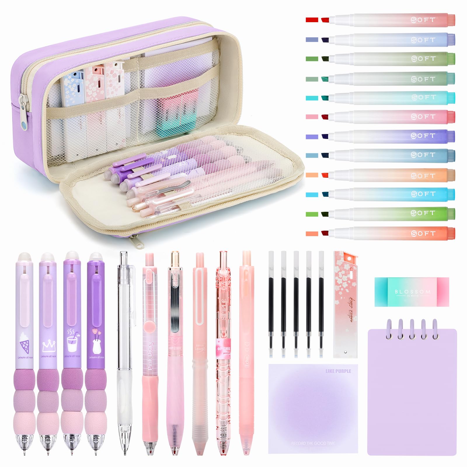 ESSALOO Pencil Case with Stationery Included, Pencil Case Set & School Stationary Supplies, School Stationery Set with 12 Highlighters, 5 Gel Pens & 4 Erasable Pens, Sticky Notes & A7 Notebook, Purple
