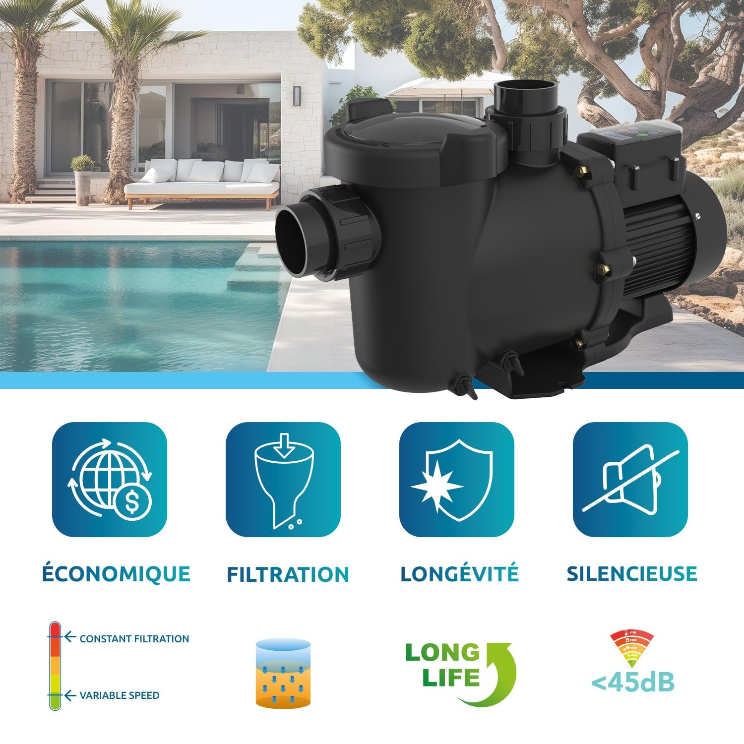POOLEX - PF-OL15 – Filterpumpe Poolex Onduline mit variabler Geschwindigkeit – 1,5 PS – für den Einsatz auf Pools bis 80 m – 3 Geschwindigkeitsstufen
